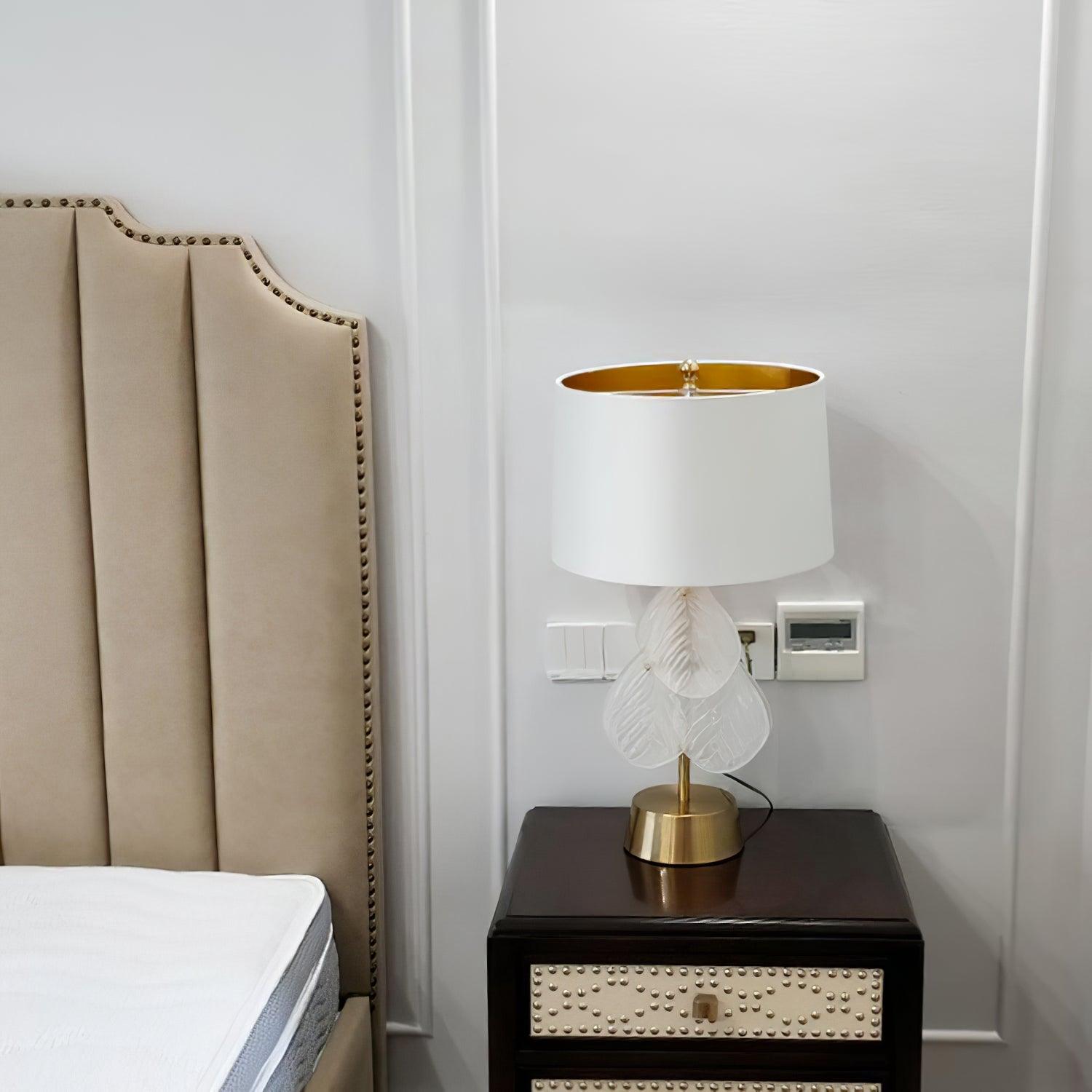 Modern Antique Gold Table Lamp with Clear Glass Leaf Accents and Fabric Drum Shade
