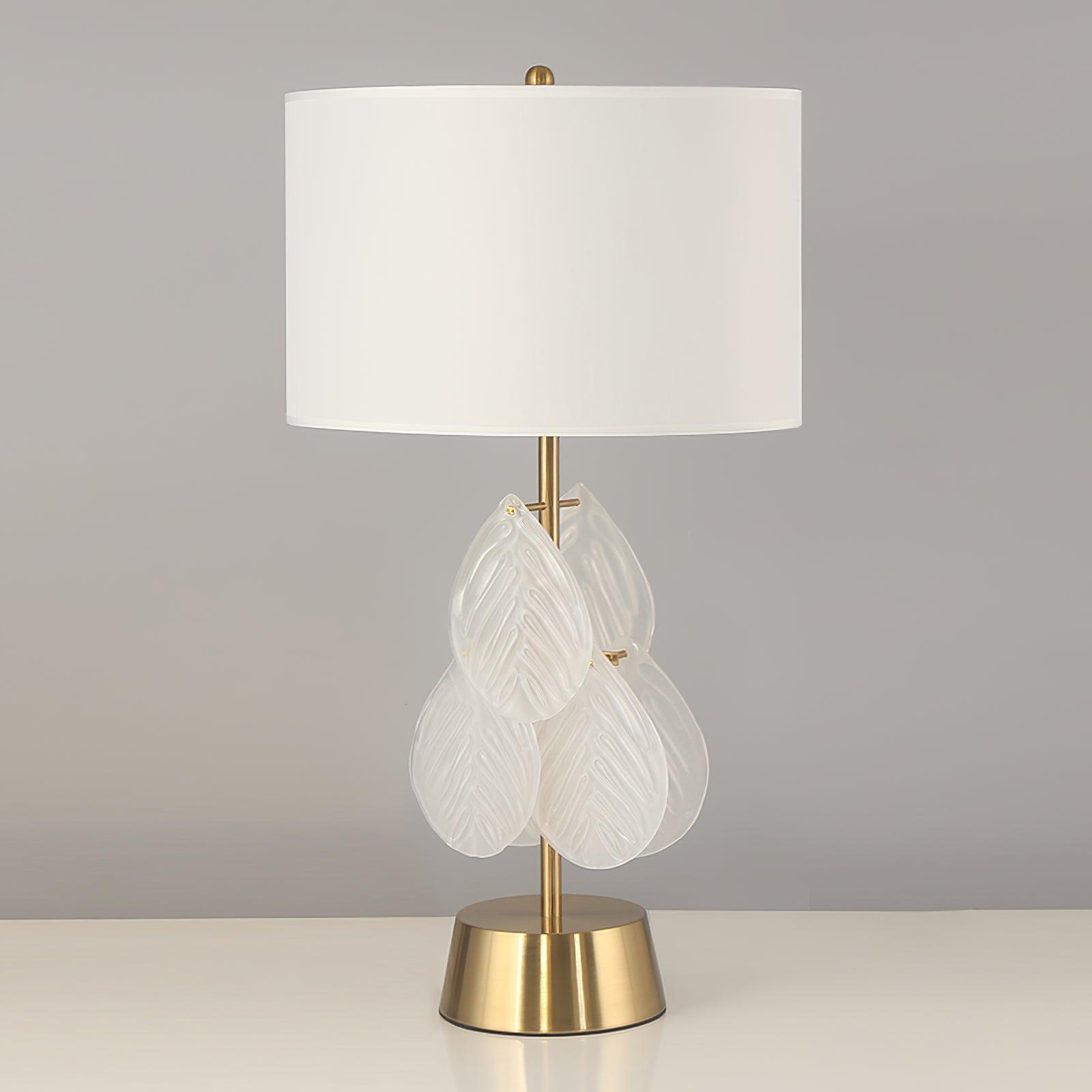 Modern Antique Gold Table Lamp with Clear Glass Leaf Accents and Fabric Drum Shade