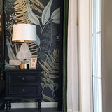 Modern Antique Gold Table Lamp with Clear Glass Leaf Accents and Fabric Drum Shade