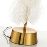 Modern Antique Gold Table Lamp with Clear Glass Leaf Accents and Fabric Drum Shade