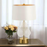 Modern Antique Gold Table Lamp with Clear Glass Leaf Accents and Fabric Drum Shade