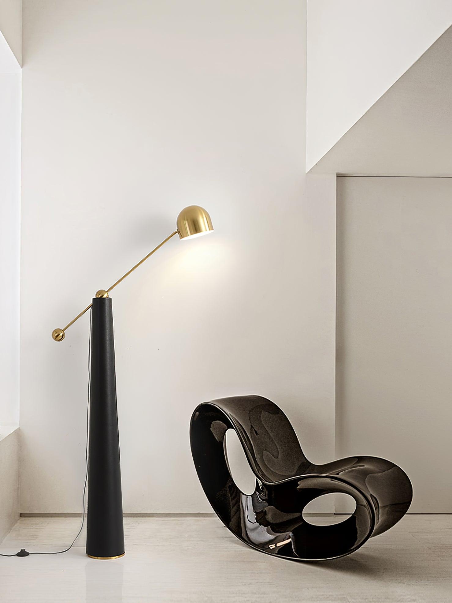 Modern Metronome Standing Floor Lamp with Handmade Leather Accents and Gold Metal Finish