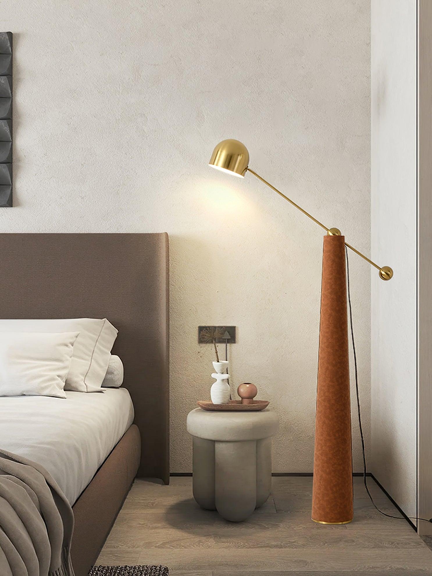 Modern Metronome Standing Floor Lamp with Handmade Leather Accents and Gold Metal Finish