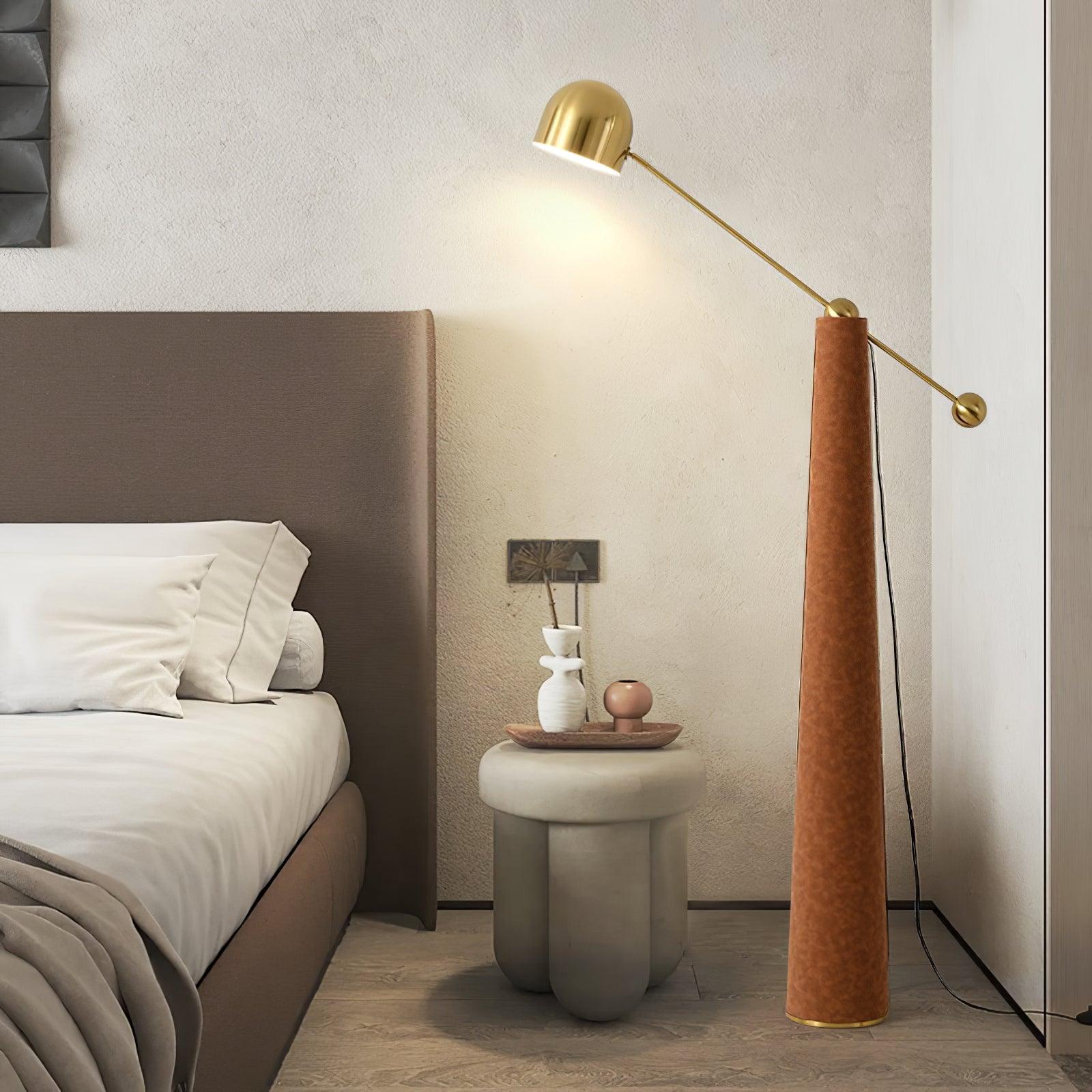 Modern Metronome Standing Floor Lamp with Handmade Leather Accents and Gold Metal Finish