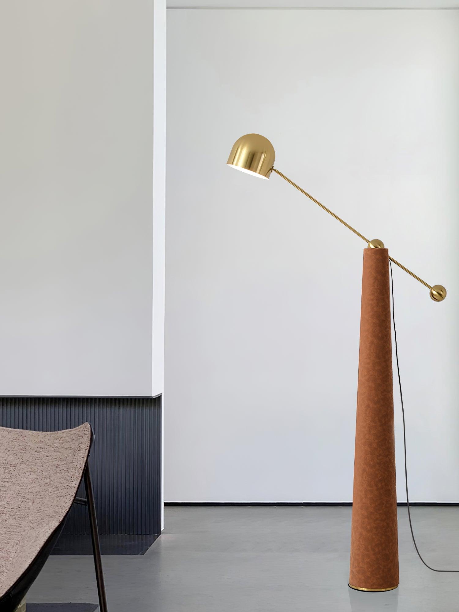 Modern Metronome Standing Floor Lamp with Handmade Leather Accents and Gold Metal Finish