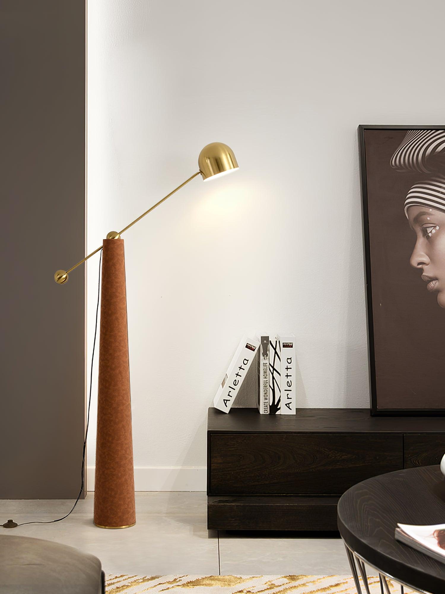 Modern Metronome Standing Floor Lamp with Handmade Leather Accents and Gold Metal Finish