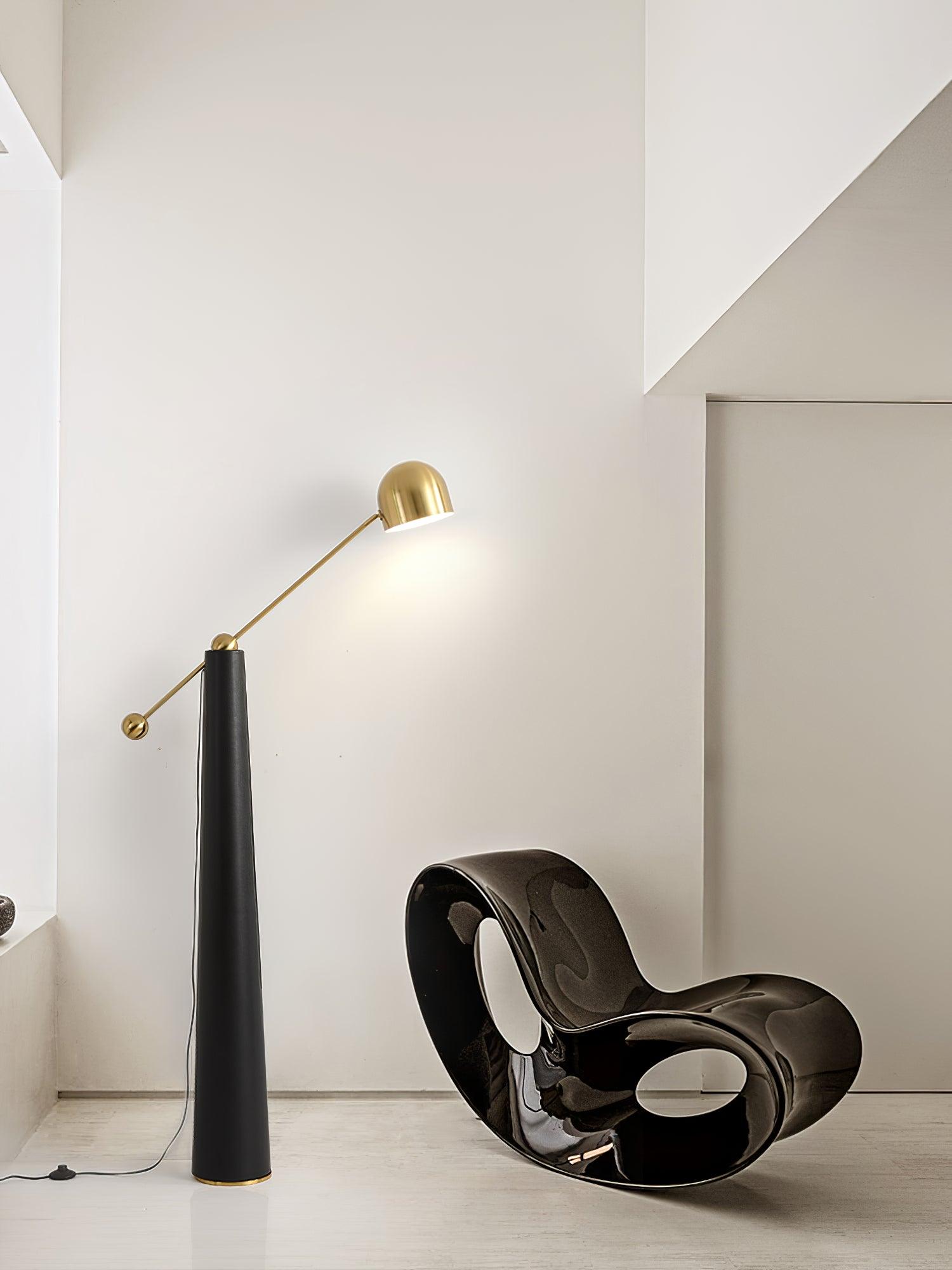 Modern Metronome Standing Floor Lamp with Handmade Leather Accents and Gold Metal Finish