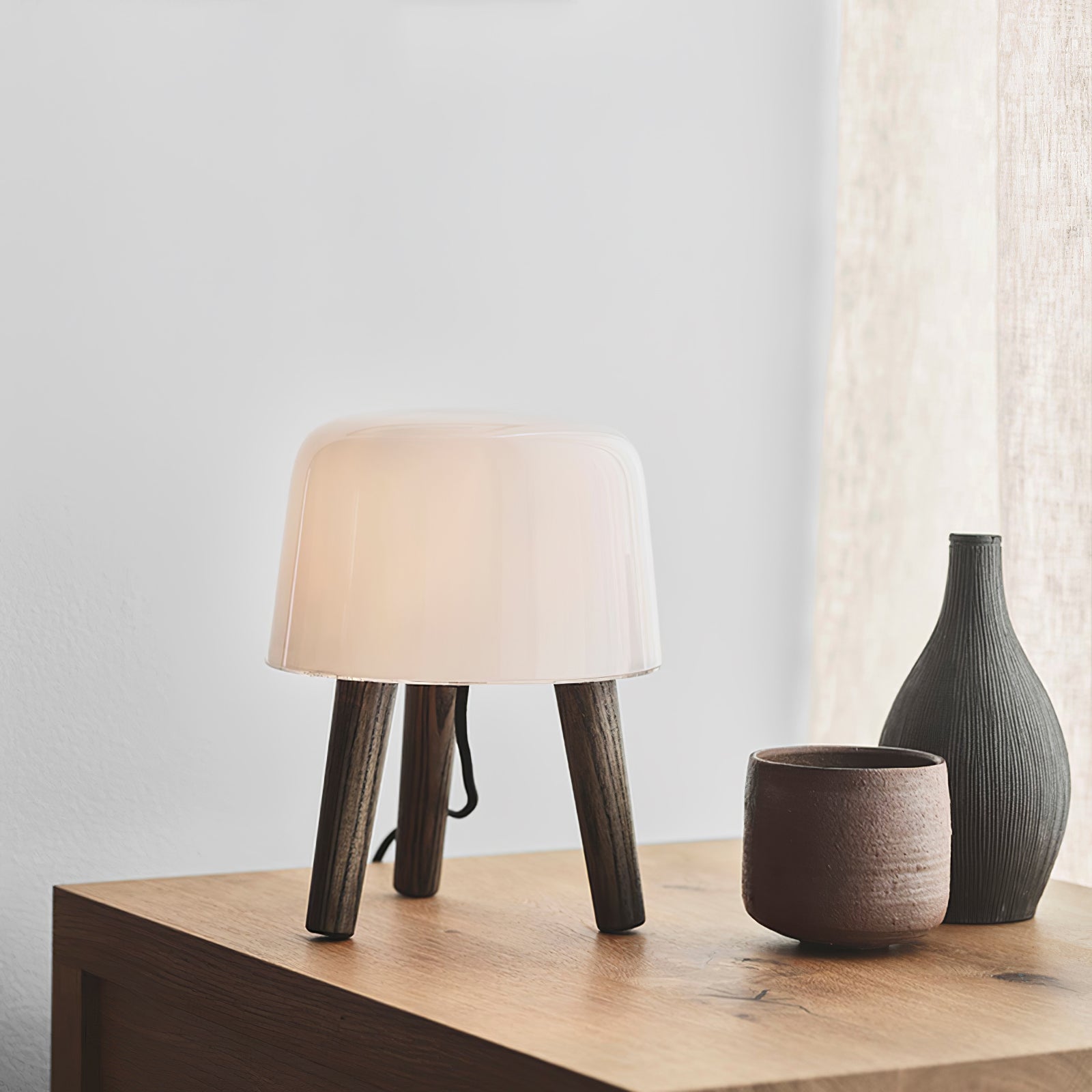 Modern Borosilicate Glass Globe Table Lamp with Solid Wood Tripod Base