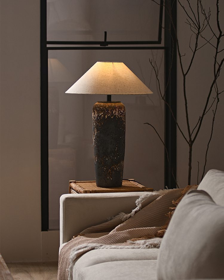 handcrafted-rustic-stoneware-ceramic-floor-lamp-with-white-fabric-shade-for-living-room
