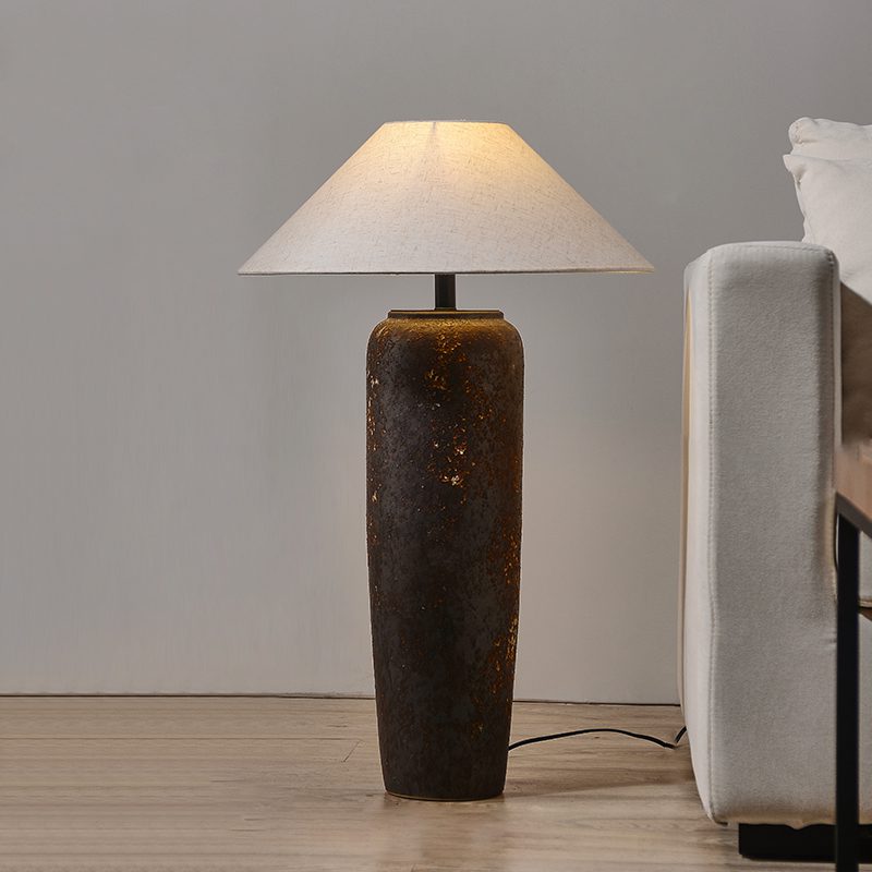 handcrafted-rustic-stoneware-ceramic-floor-lamp-with-white-fabric-shade-for-living-room
