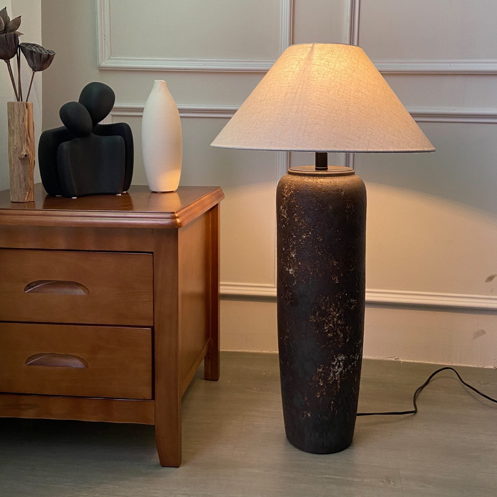 handcrafted-rustic-stoneware-ceramic-floor-lamp-with-white-fabric-shade-for-living-room