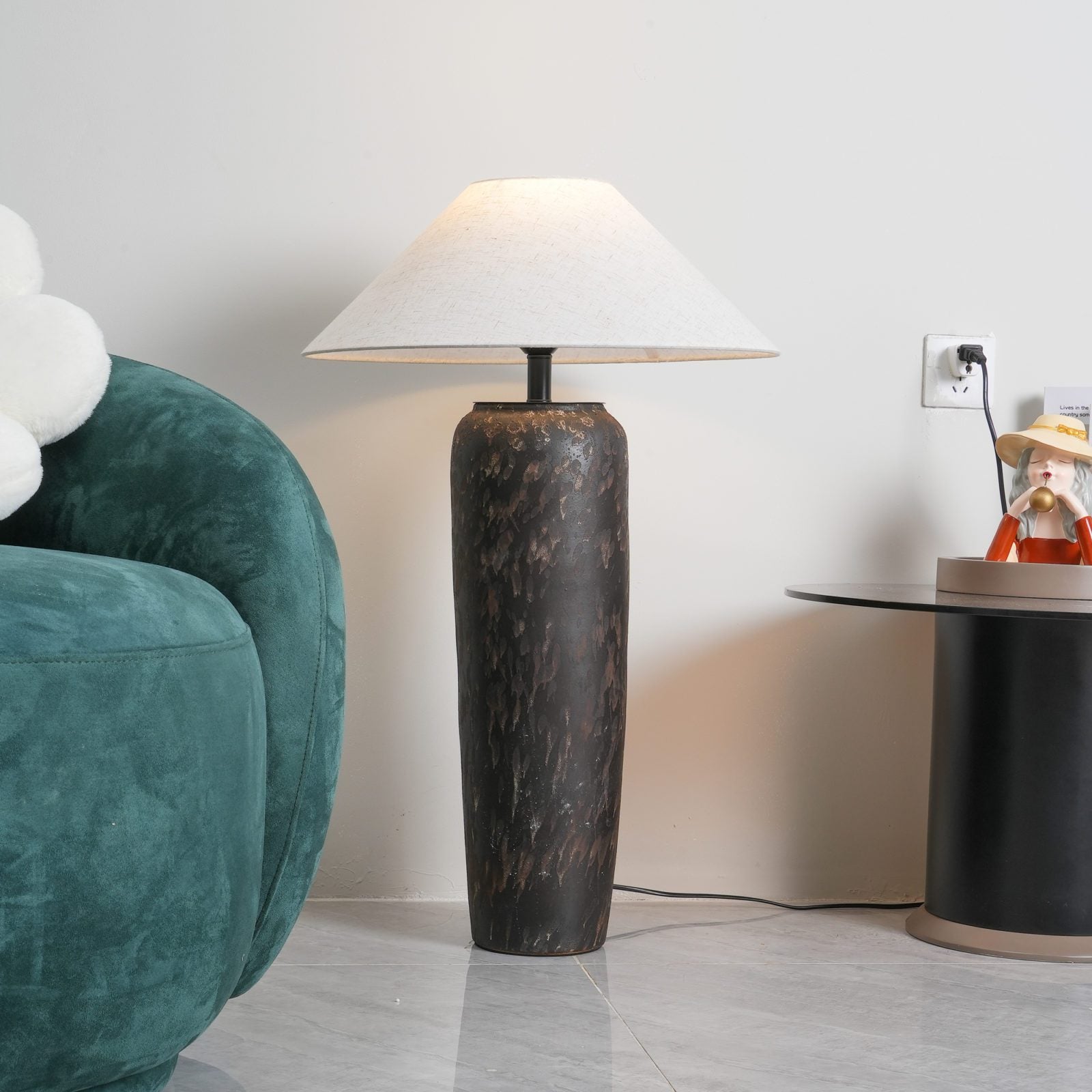 handcrafted-rustic-stoneware-ceramic-floor-lamp-with-white-fabric-shade-for-living-room