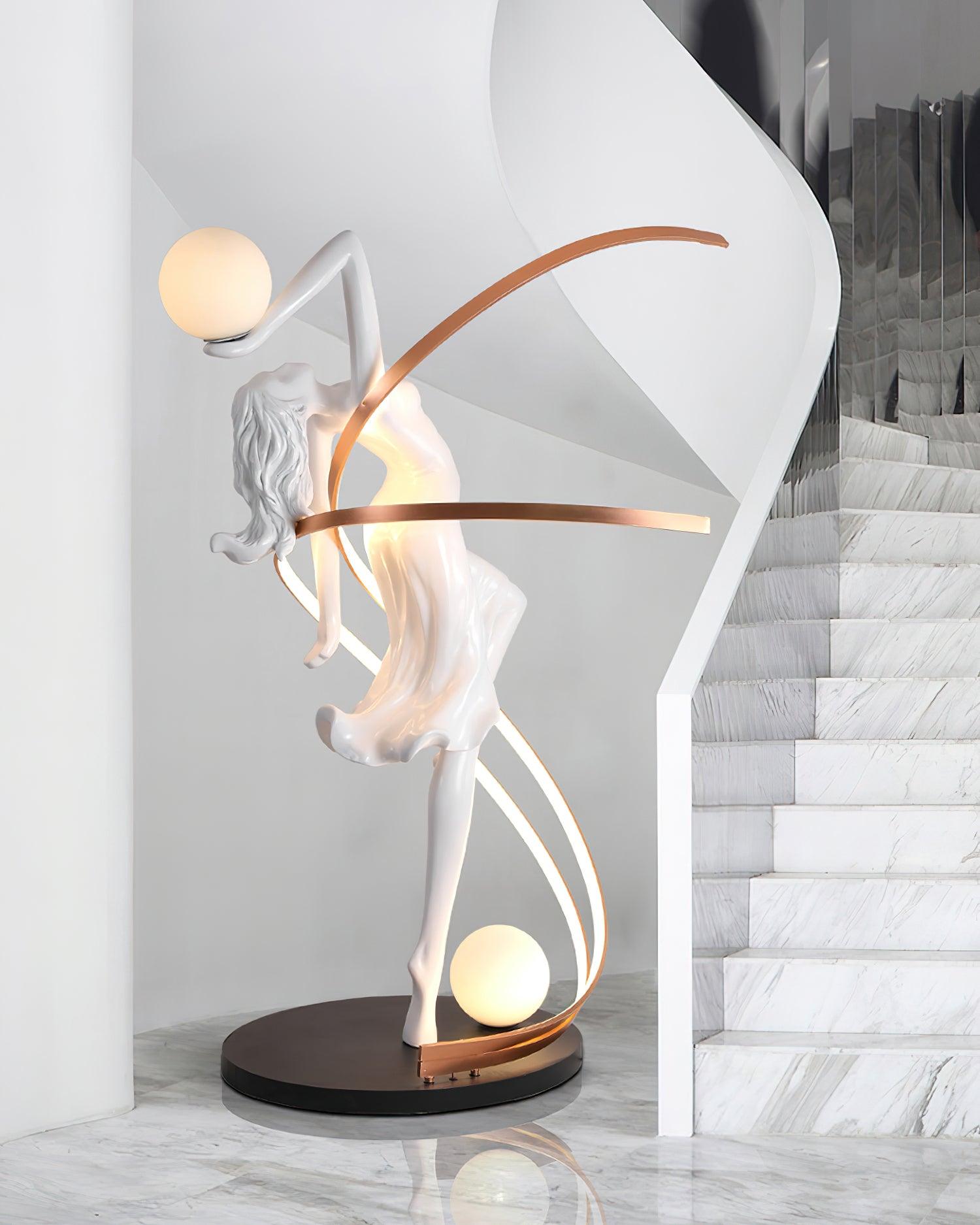 Modern Art Deco Goddess Statue Floor Lamp Elegant Female Figure Standing Light with Dual Globes