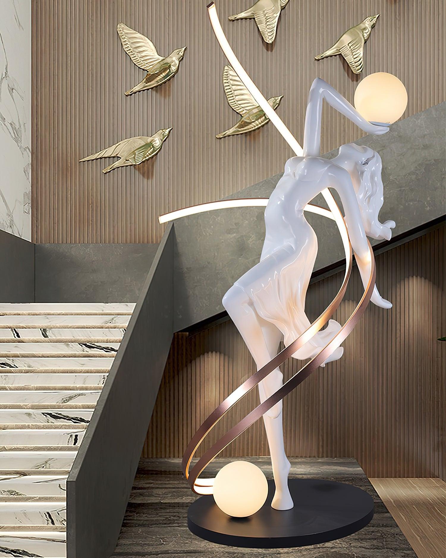 Modern Art Deco Goddess Statue Floor Lamp Elegant Female Figure Standing Light with Dual Globes