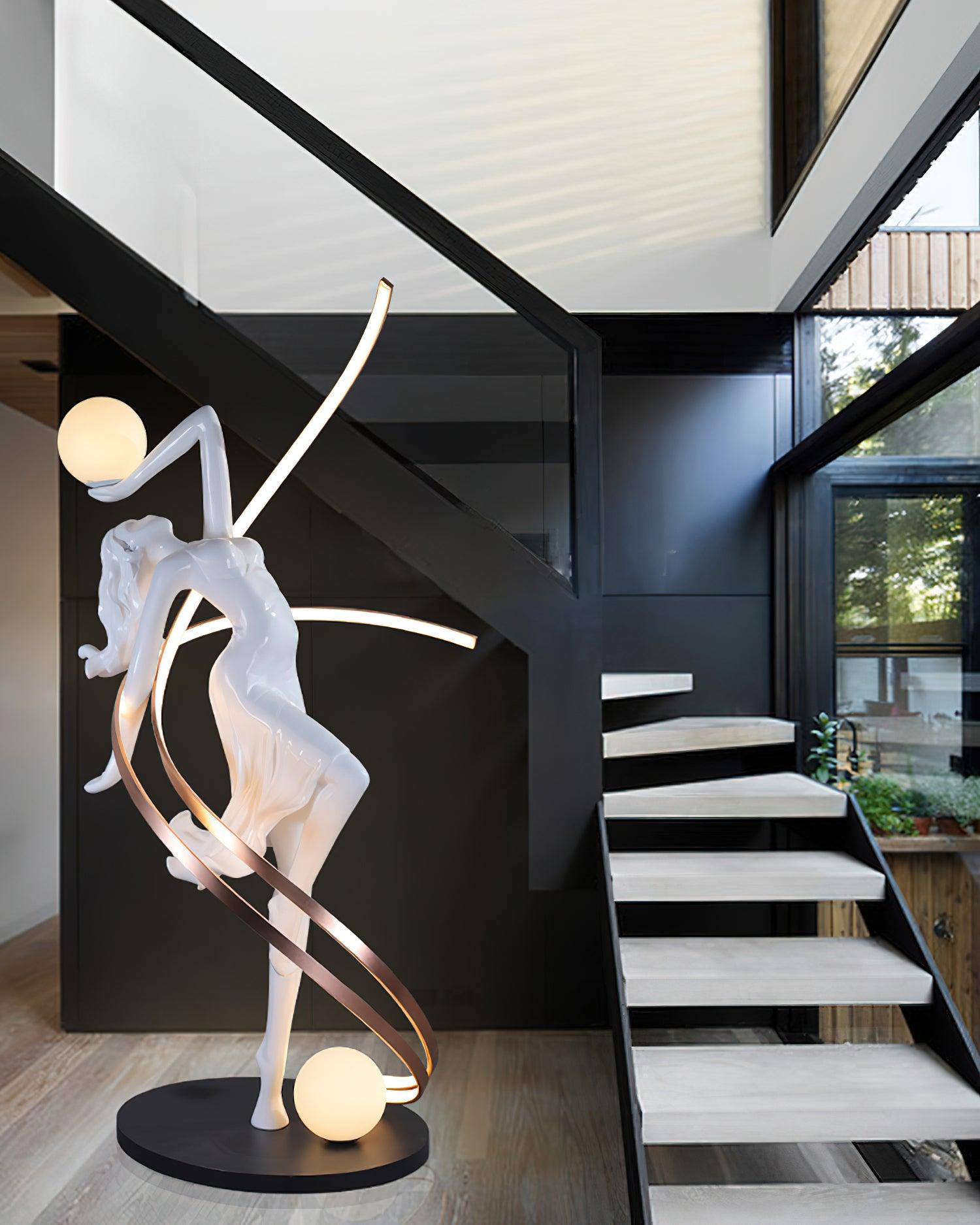 Modern Art Deco Goddess Statue Floor Lamp Elegant Female Figure Standing Light with Dual Globes