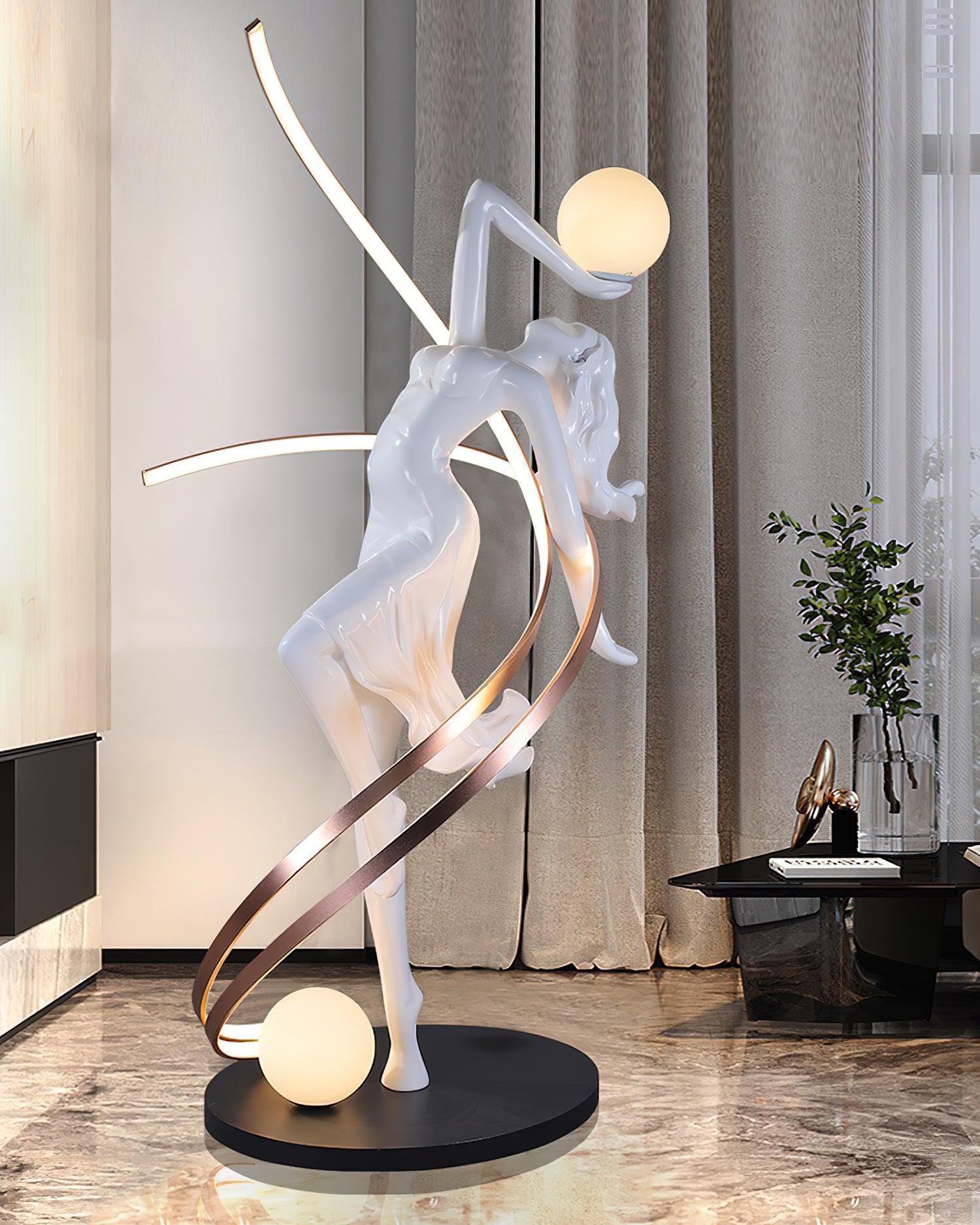Modern Art Deco Goddess Statue Floor Lamp Elegant Female Figure Standing Light with Dual Globes