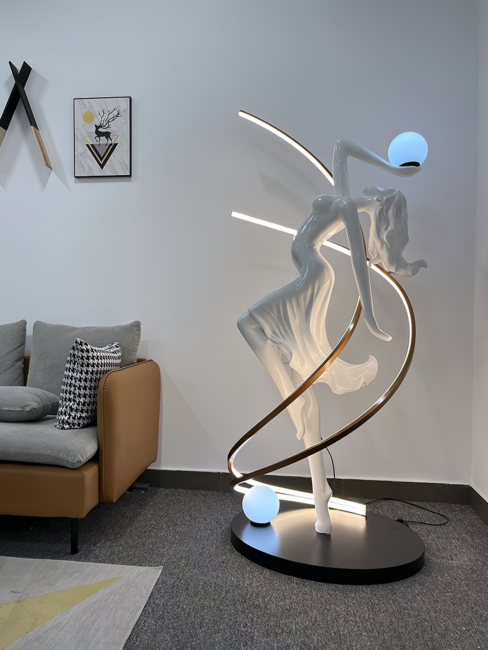 Modern Art Deco Goddess Statue Floor Lamp Elegant Female Figure Standing Light with Dual Globes