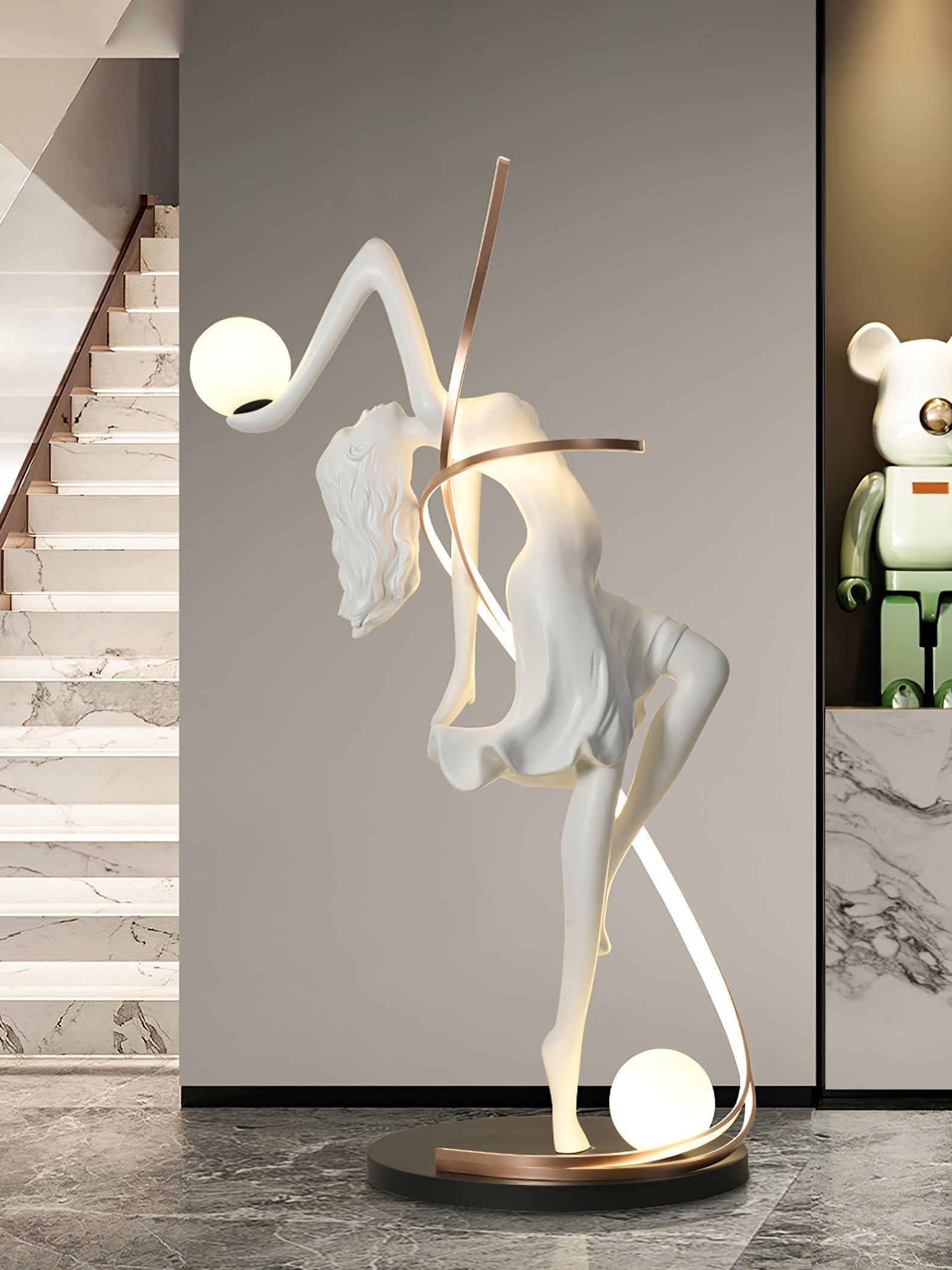Modern Art Deco Goddess Statue Floor Lamp Elegant Female Figure Standing Light with Dual Globes