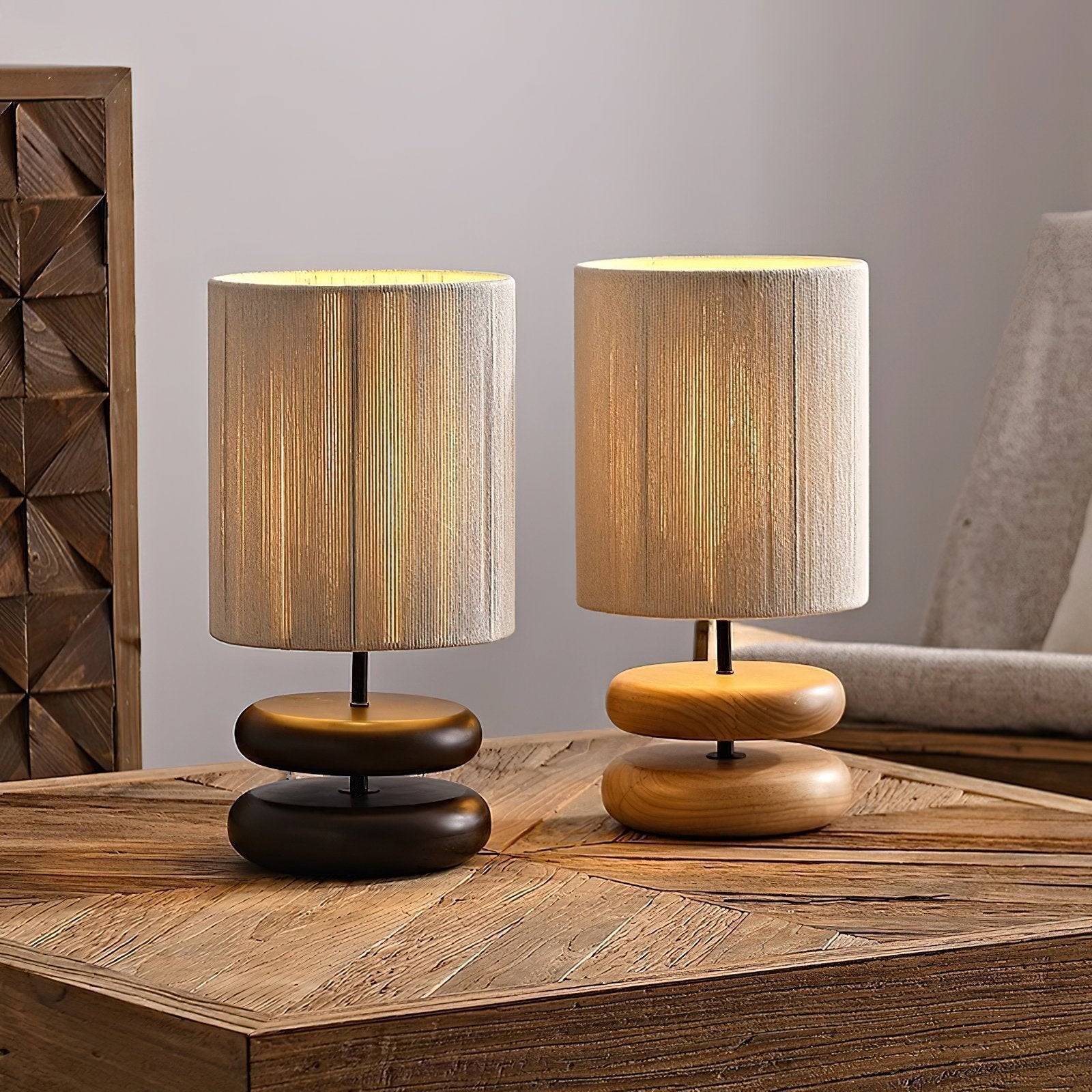 polished-walnut-stacked-oval-base-table-lamp-with-classic-beige-fabric-lampshade