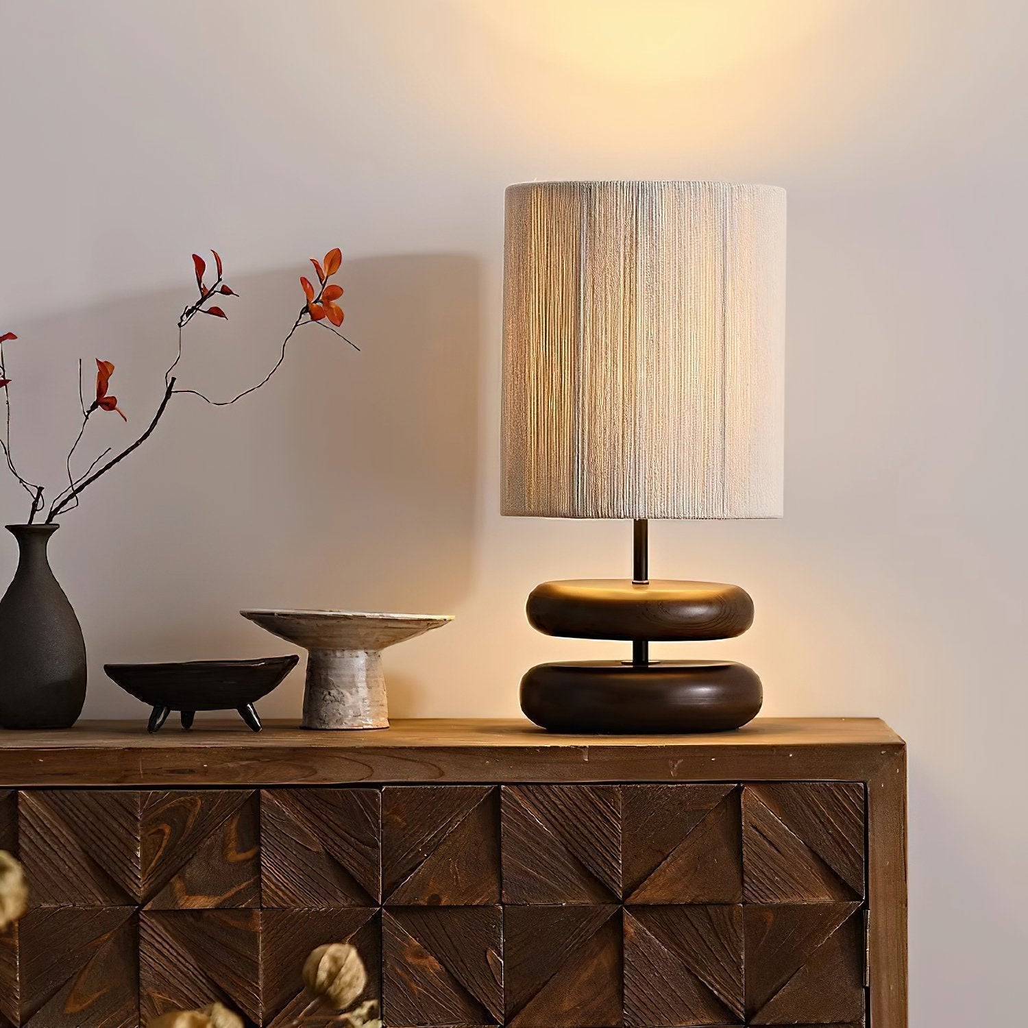polished-walnut-stacked-oval-base-table-lamp-with-classic-beige-fabric-lampshade