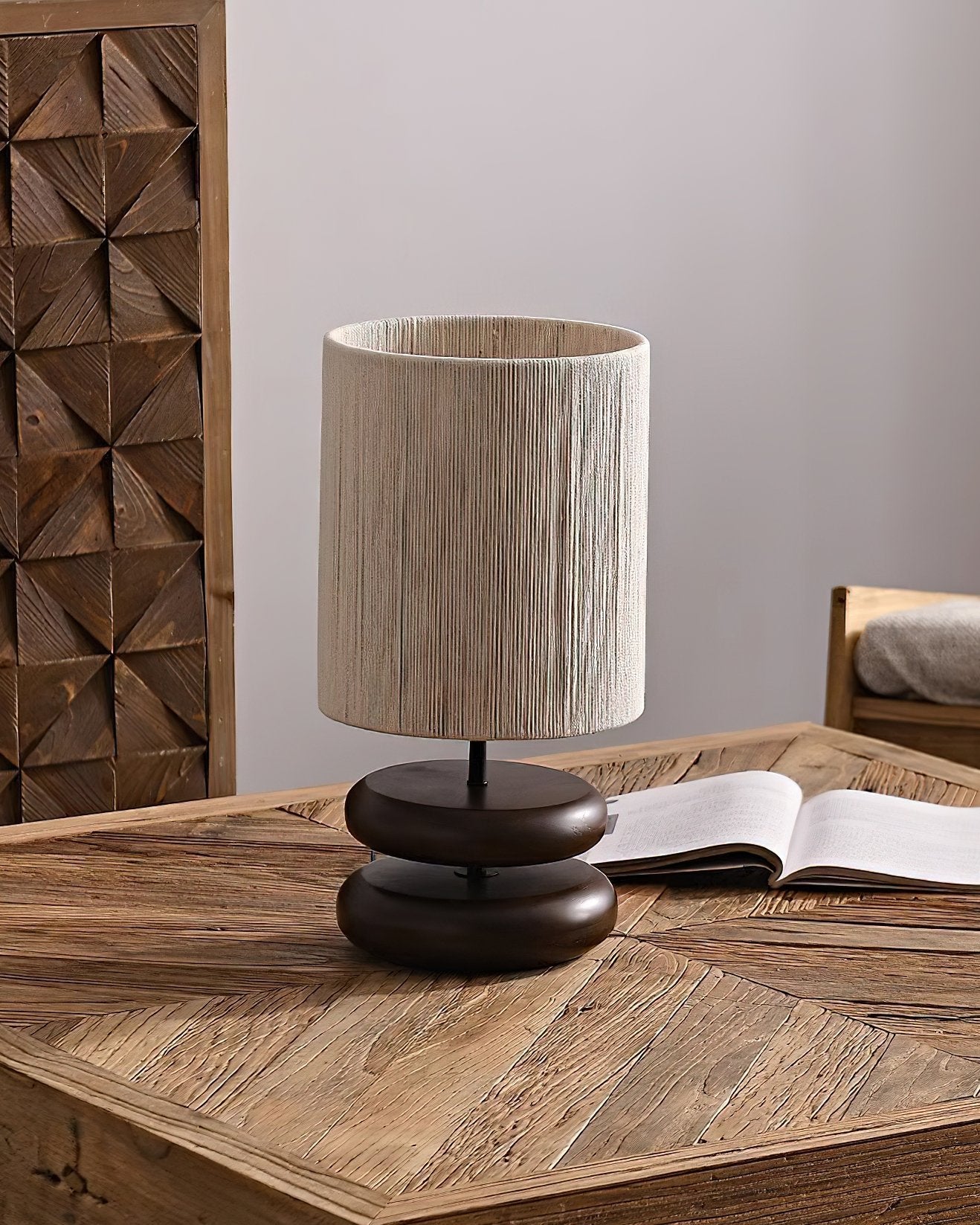 polished-walnut-stacked-oval-base-table-lamp-with-classic-beige-fabric-lampshade