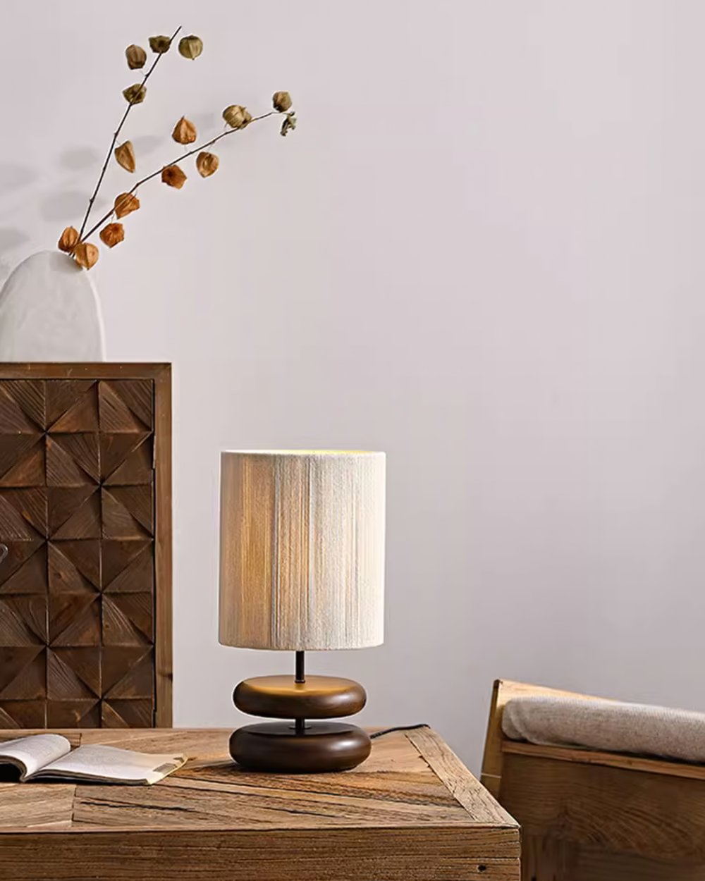 polished-walnut-stacked-oval-base-table-lamp-with-classic-beige-fabric-lampshade