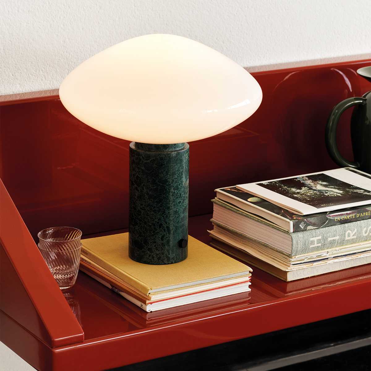 Modern Green Marble Table Lamp with Frosted White Glass Globe Shade