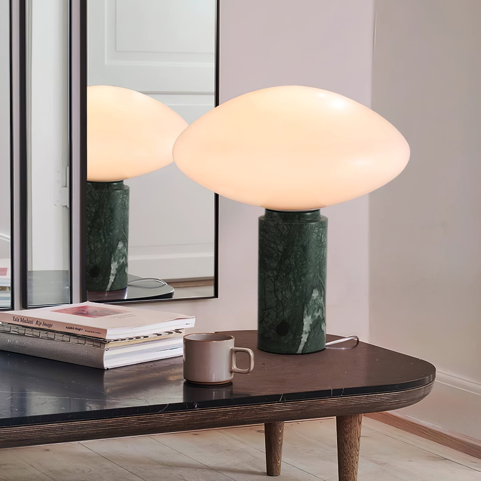 Modern Green Marble Table Lamp with Frosted White Glass Globe Shade