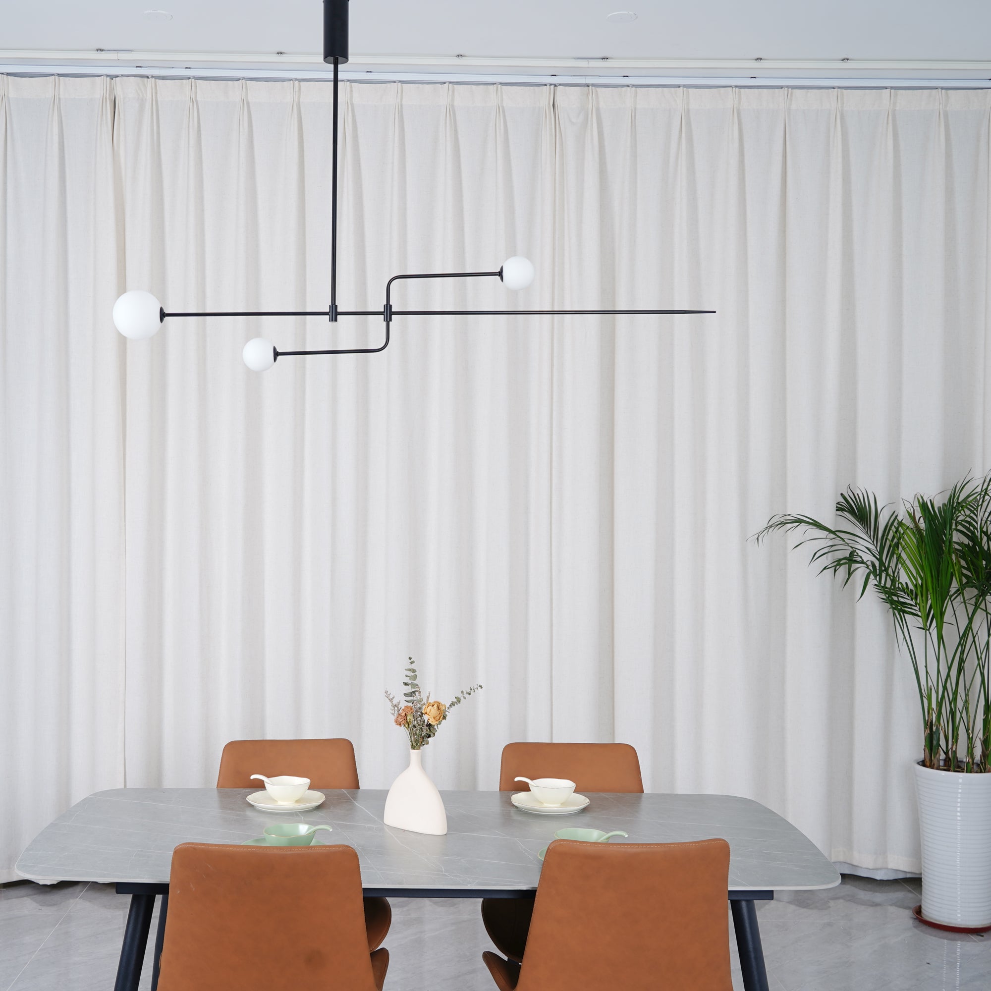 Modern Minimalist Linear Mobile Chandelier with Opal Glass Globes and Black Finish