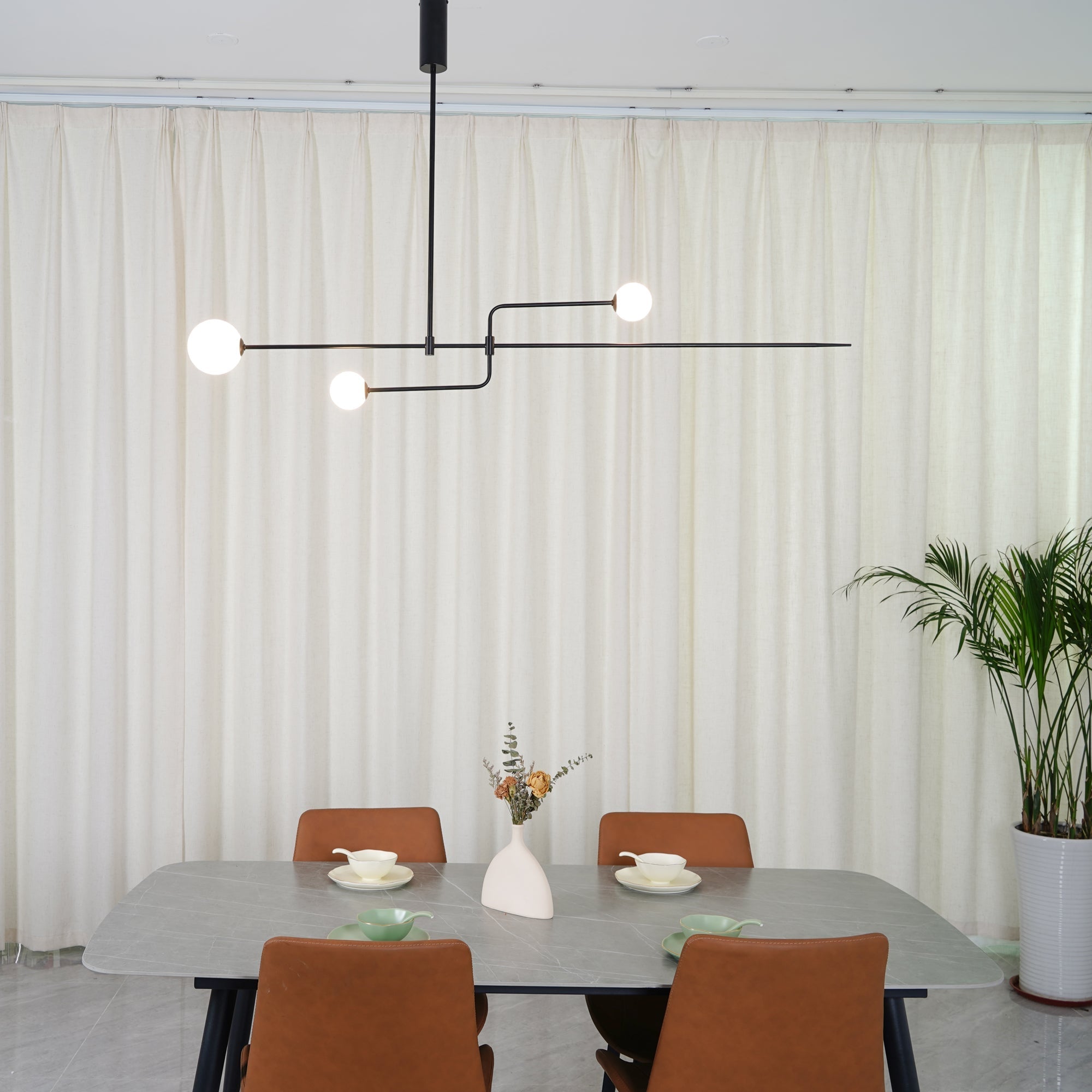 Modern Minimalist Linear Mobile Chandelier with Opal Glass Globes and Black Finish
