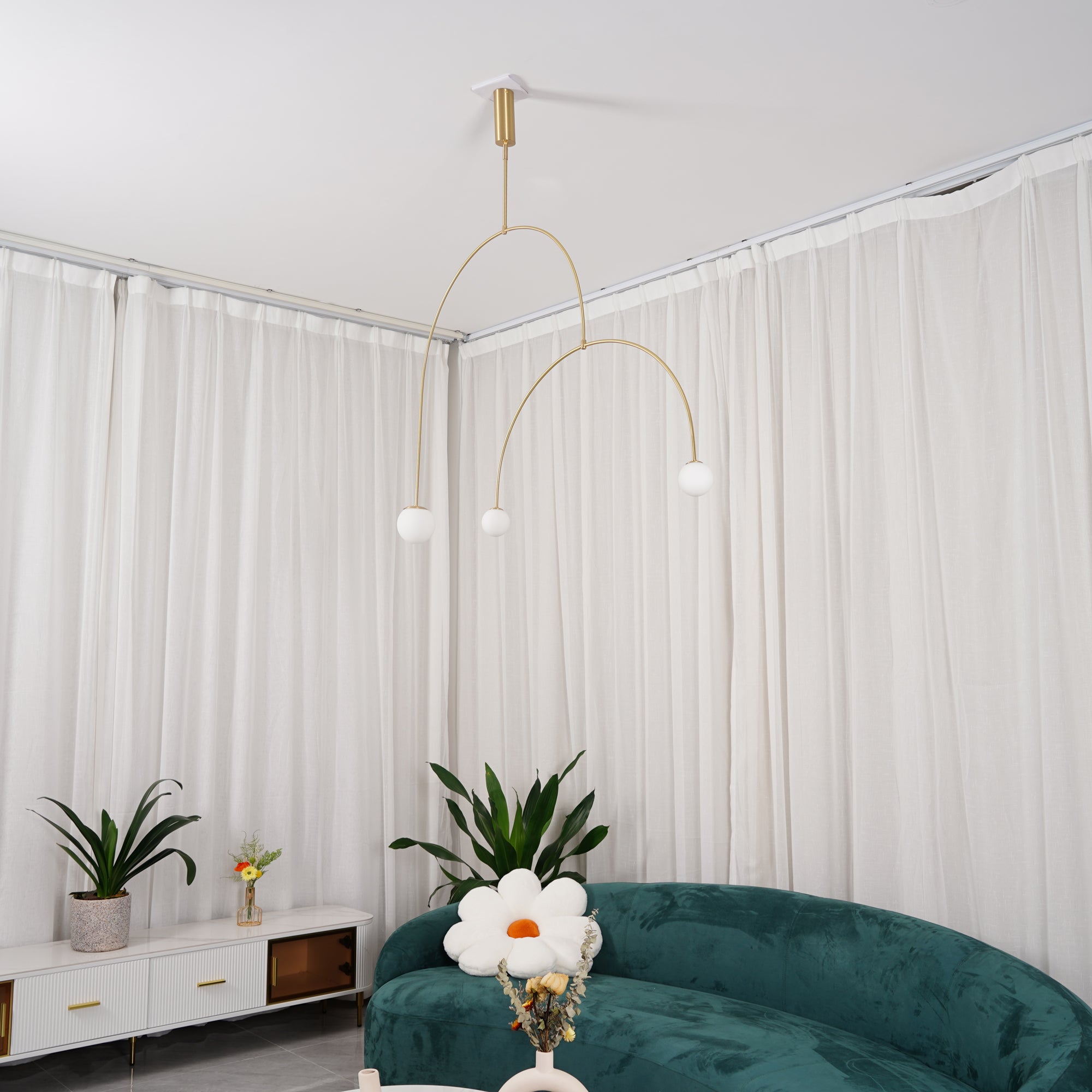 Modern Minimalist Linear Mobile Chandelier with Opal Glass Globes and Black Finish