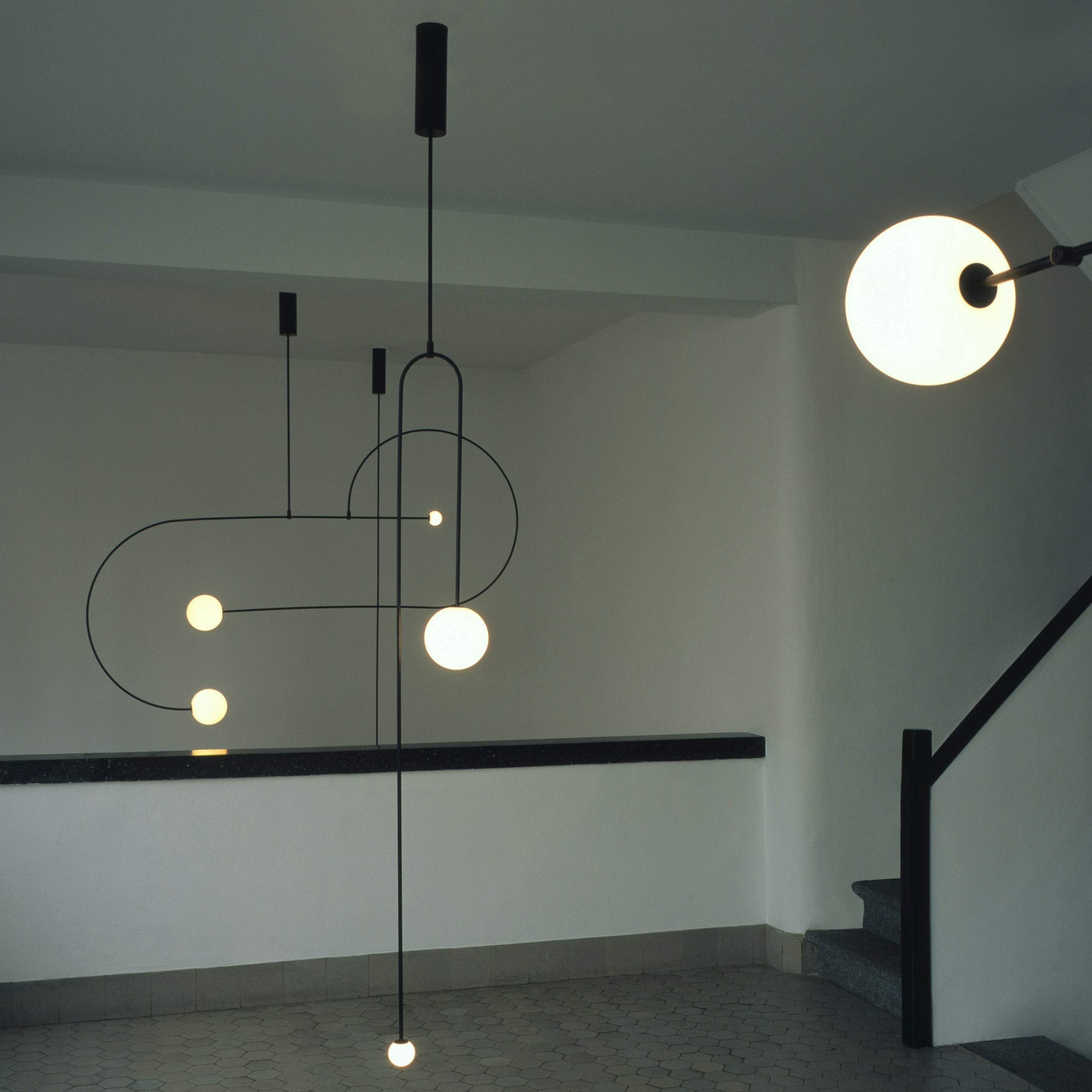 Modern Minimalist Linear Mobile Chandelier with Opal Glass Globes and Black Finish