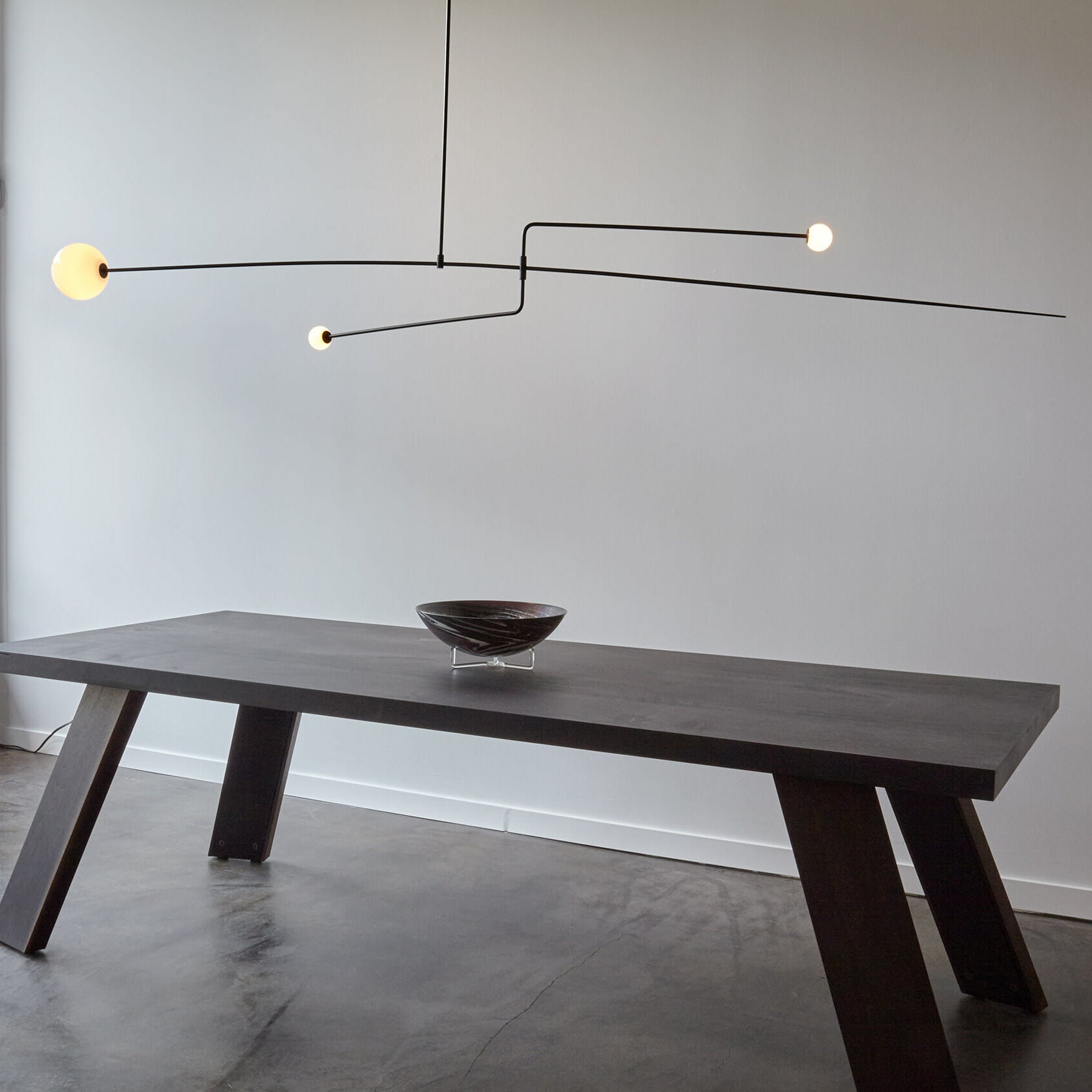 Modern Minimalist Linear Mobile Chandelier with Opal Glass Globes and Black Finish
