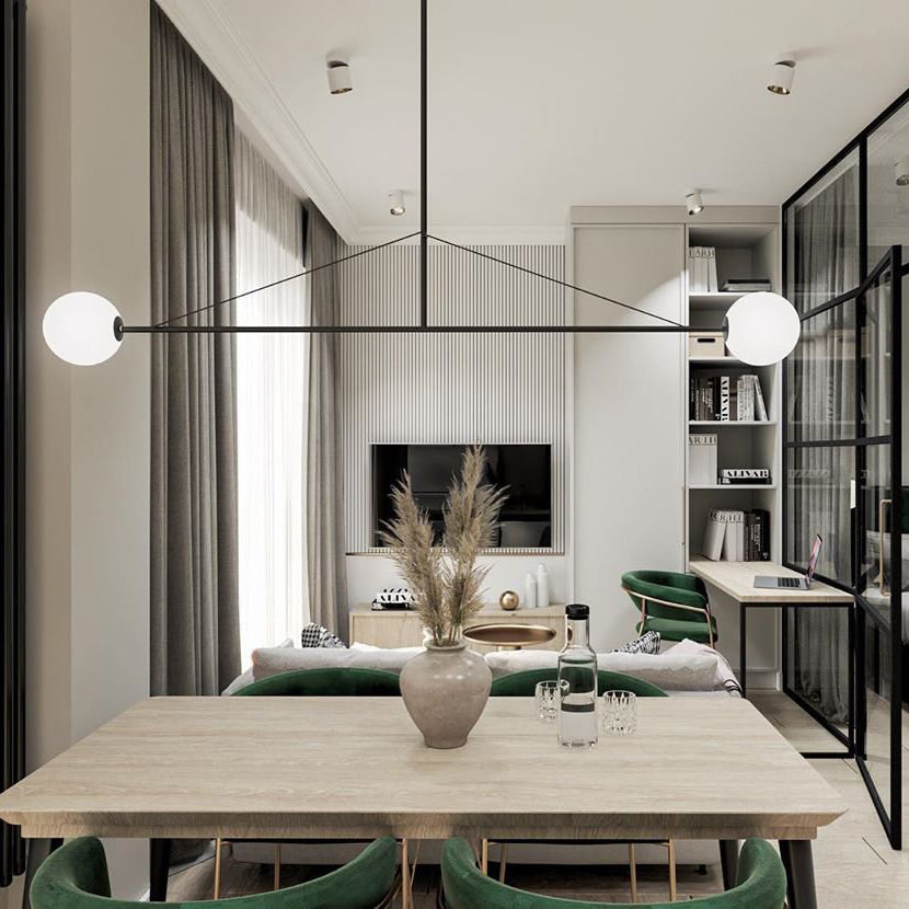 Modern Minimalist Linear Mobile Chandelier with Opal Glass Globes and Black Finish