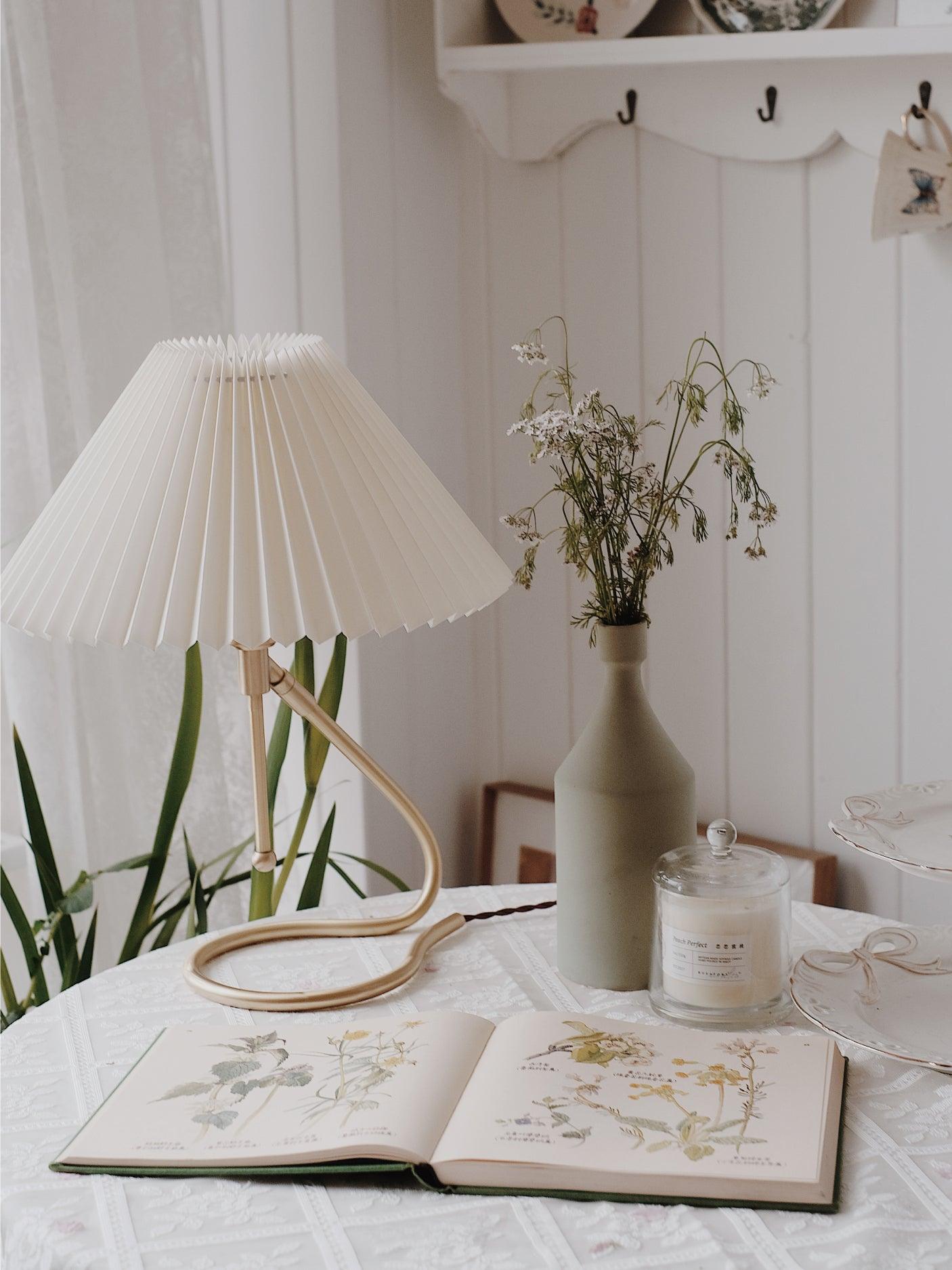 Modern Levitate Pleated Fabric Table Lamp with Curved Brass Base for Bedside