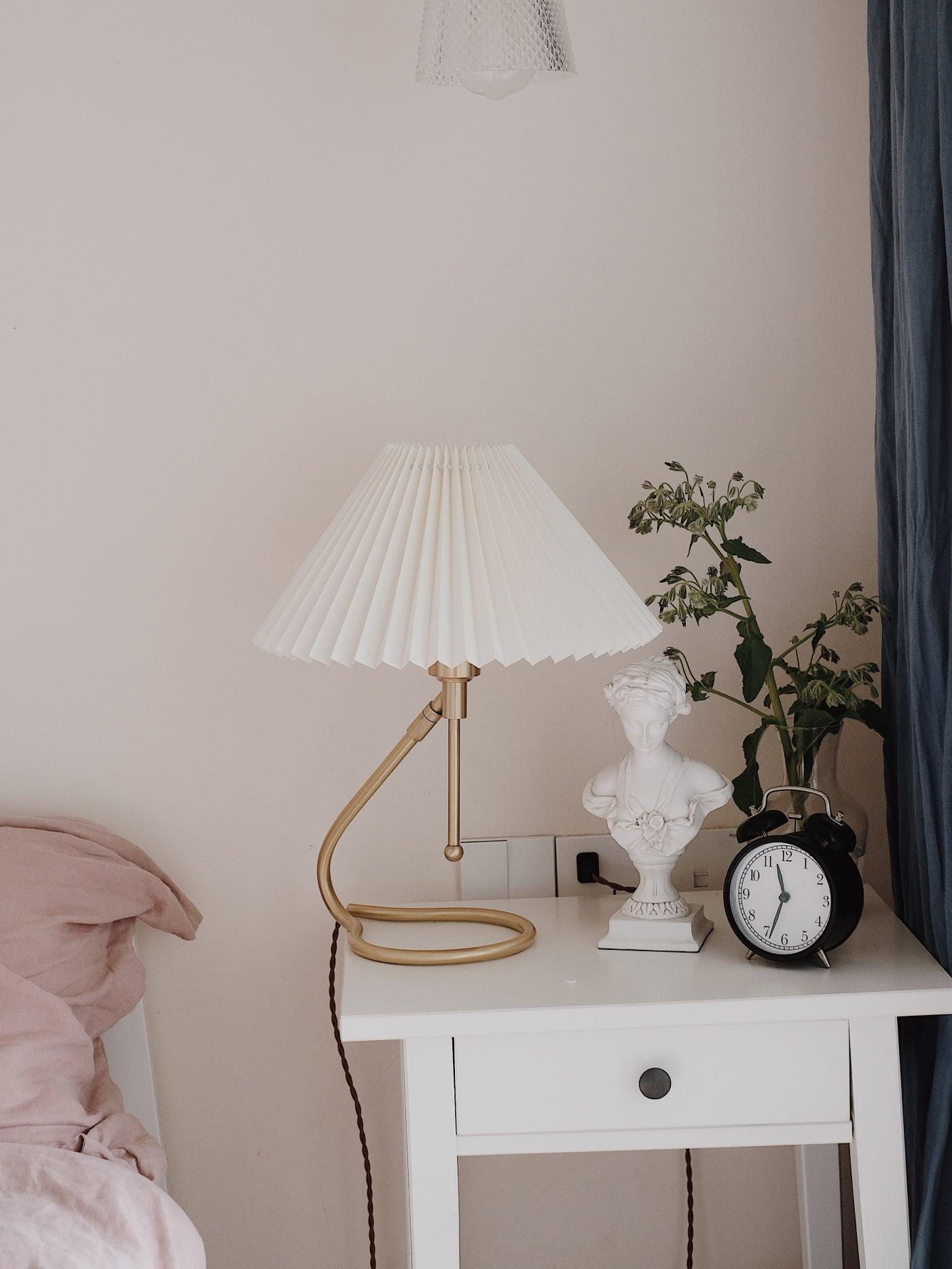 Modern Levitate Pleated Fabric Table Lamp with Curved Brass Base for Bedside