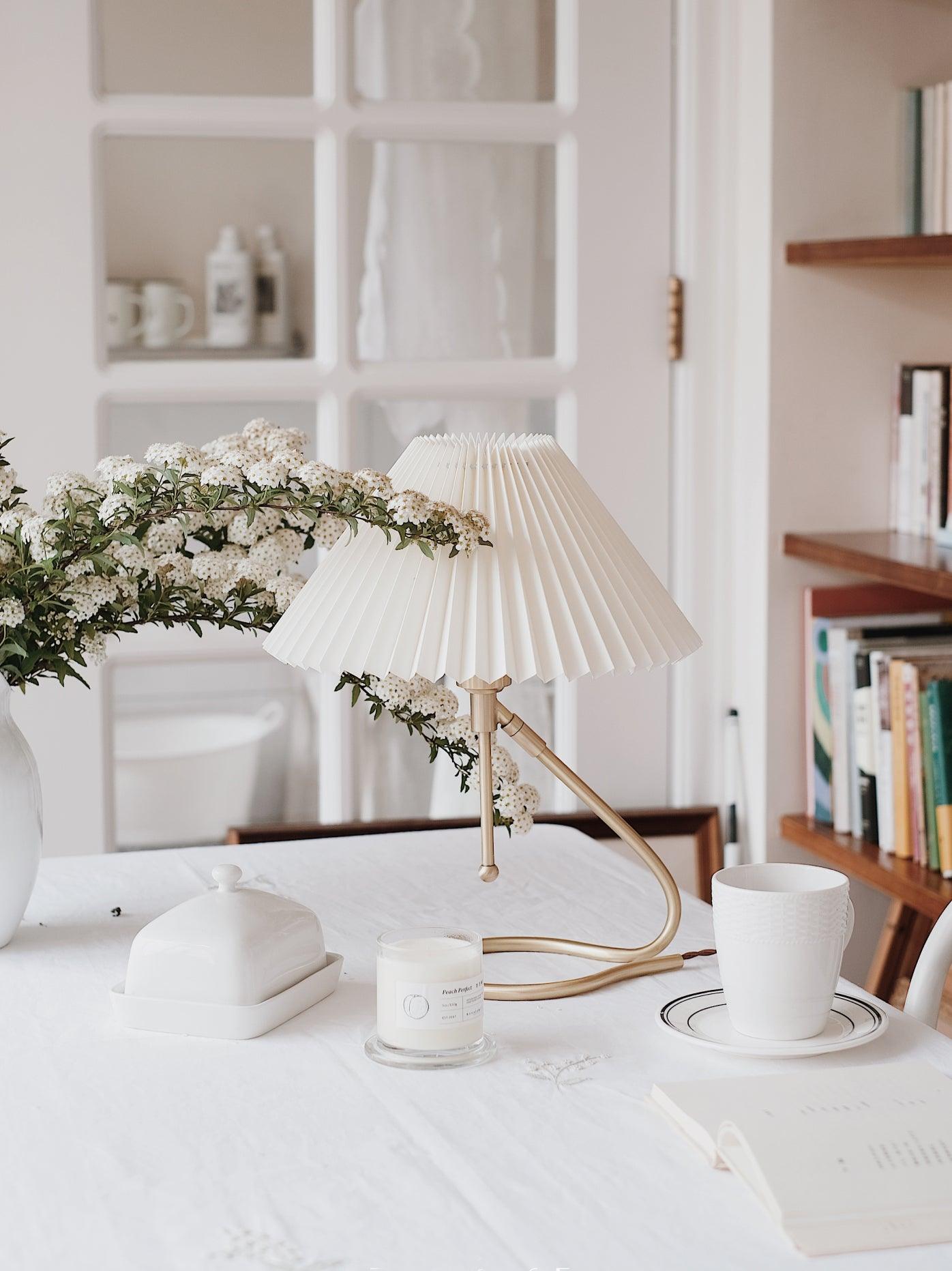 Modern Levitate Pleated Fabric Table Lamp with Curved Brass Base for Bedside