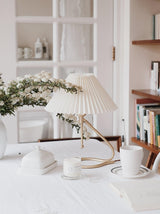 Modern Levitate Pleated Fabric Table Lamp with Curved Brass Base for Bedside