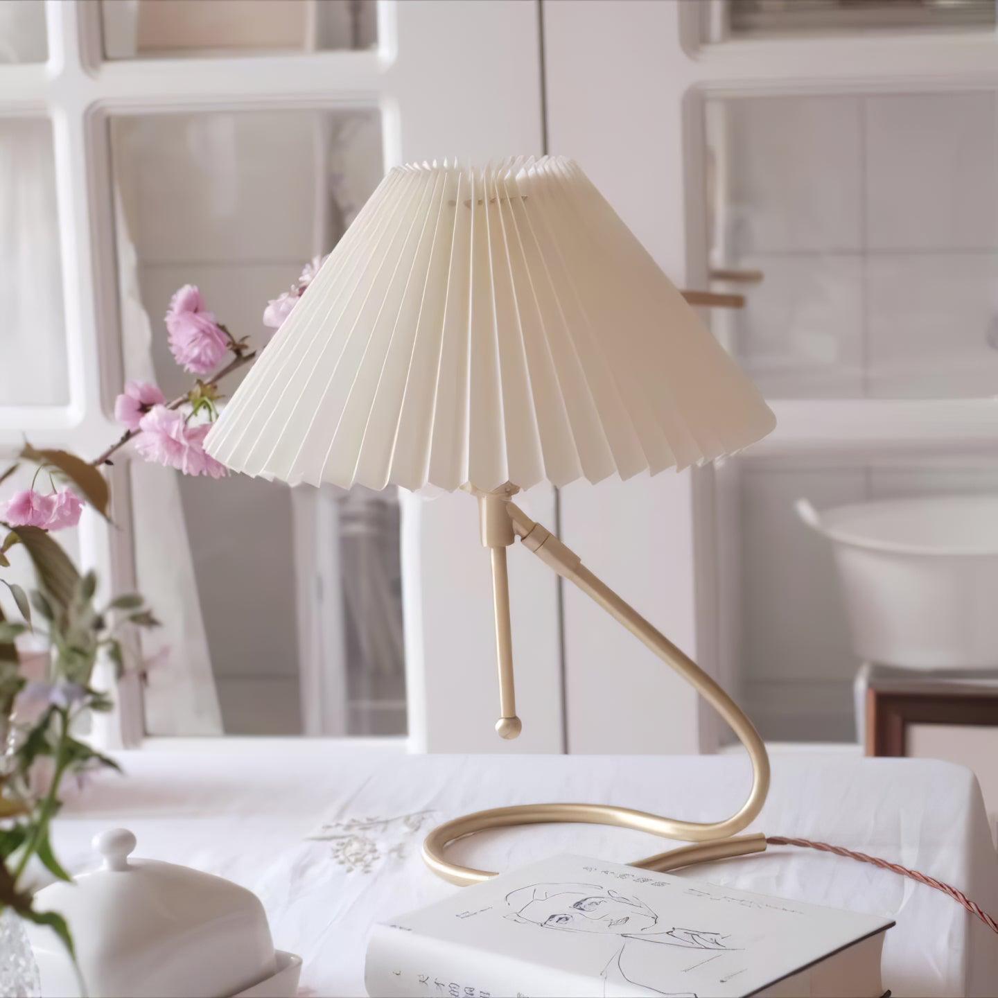 Modern Levitate Pleated Fabric Table Lamp with Curved Brass Base for Bedside