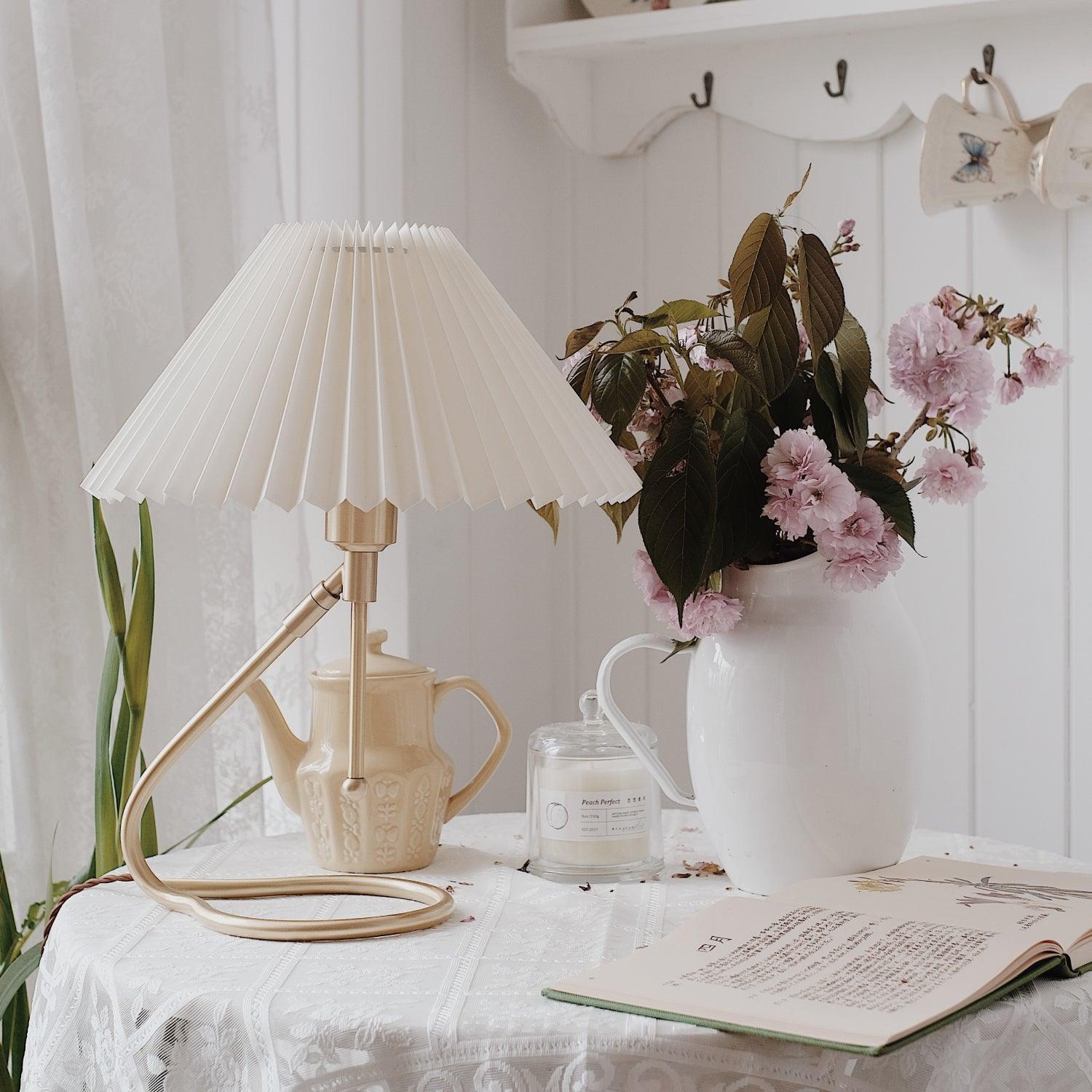 Modern Levitate Pleated Fabric Table Lamp with Curved Brass Base for Bedside