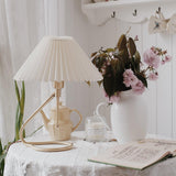Modern Levitate Pleated Fabric Table Lamp with Curved Brass Base for Bedside