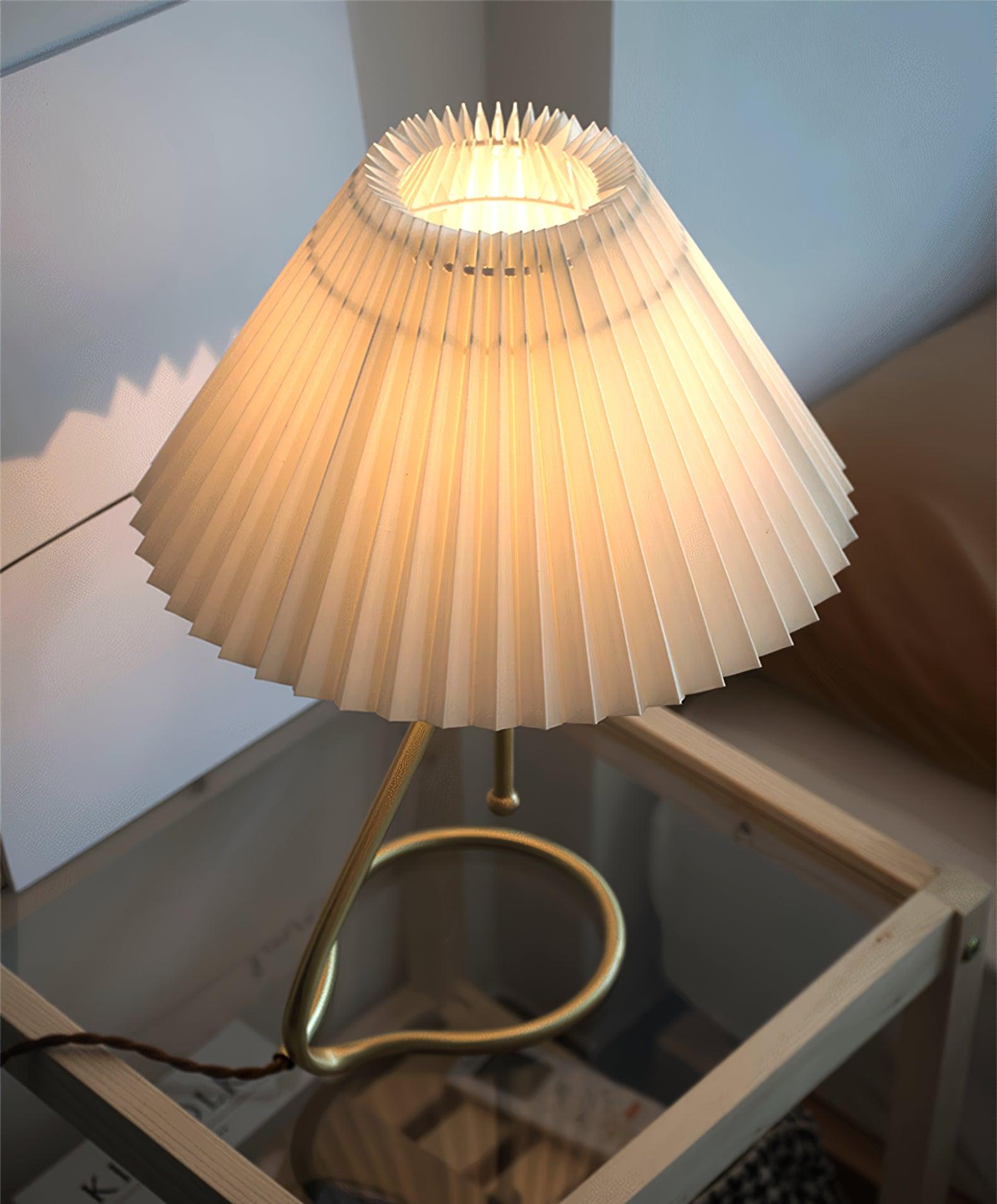Modern Levitate Pleated Fabric Table Lamp with Curved Brass Base for Bedside
