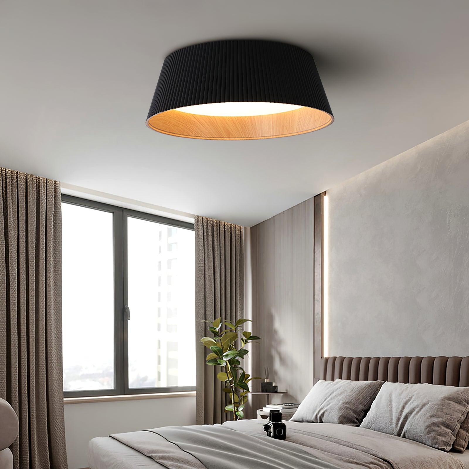 Modern Ribbed LED Flush Mount Ceiling Light with Real Wood Interior Finish