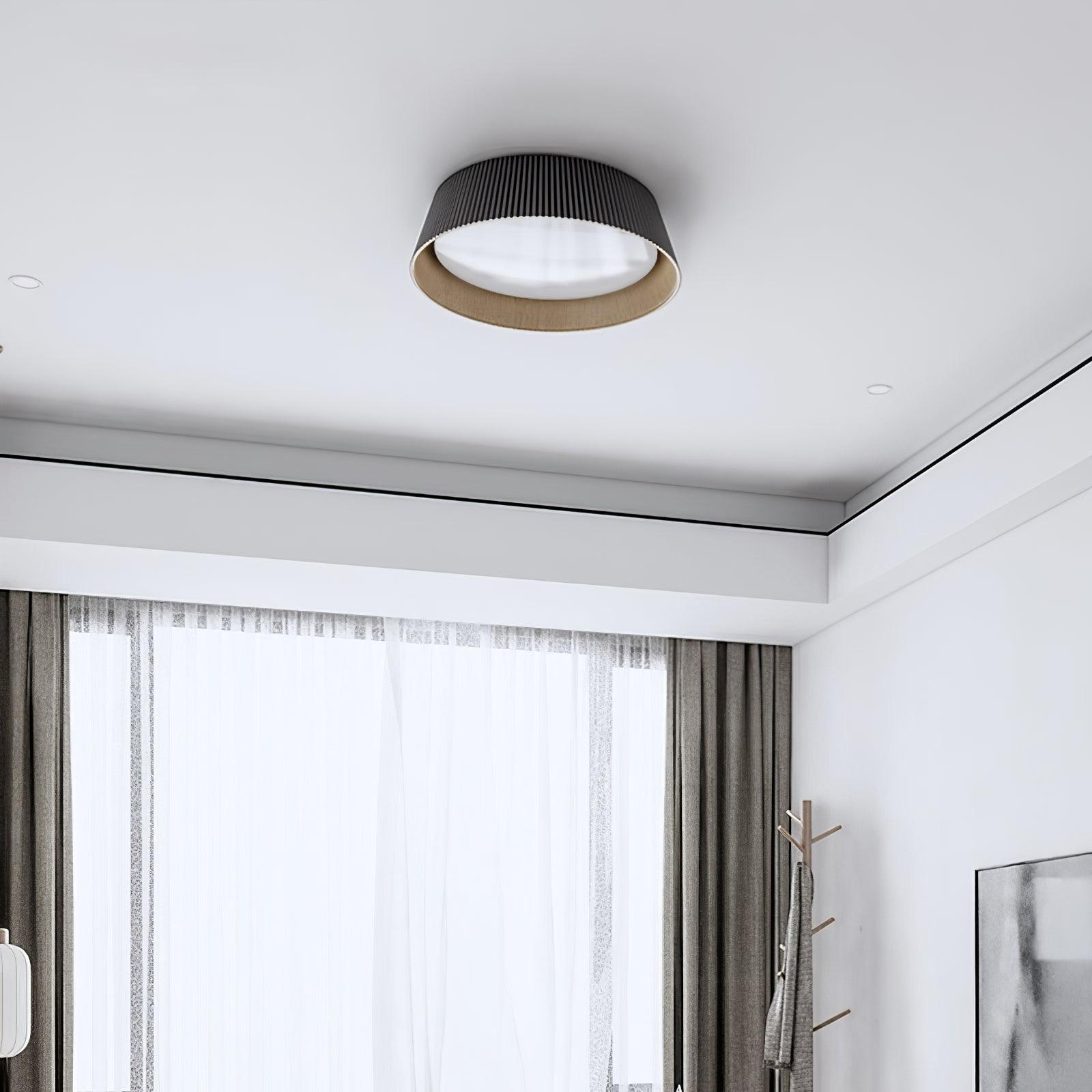 Modern Ribbed LED Flush Mount Ceiling Light with Real Wood Interior Finish