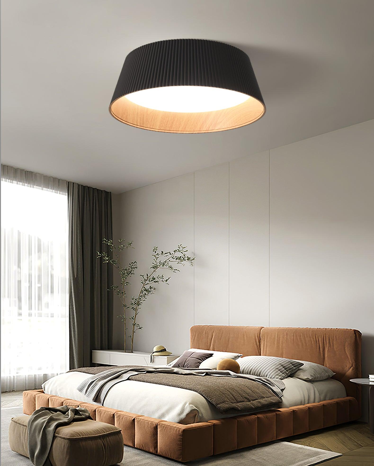 Modern Ribbed LED Flush Mount Ceiling Light with Real Wood Interior Finish