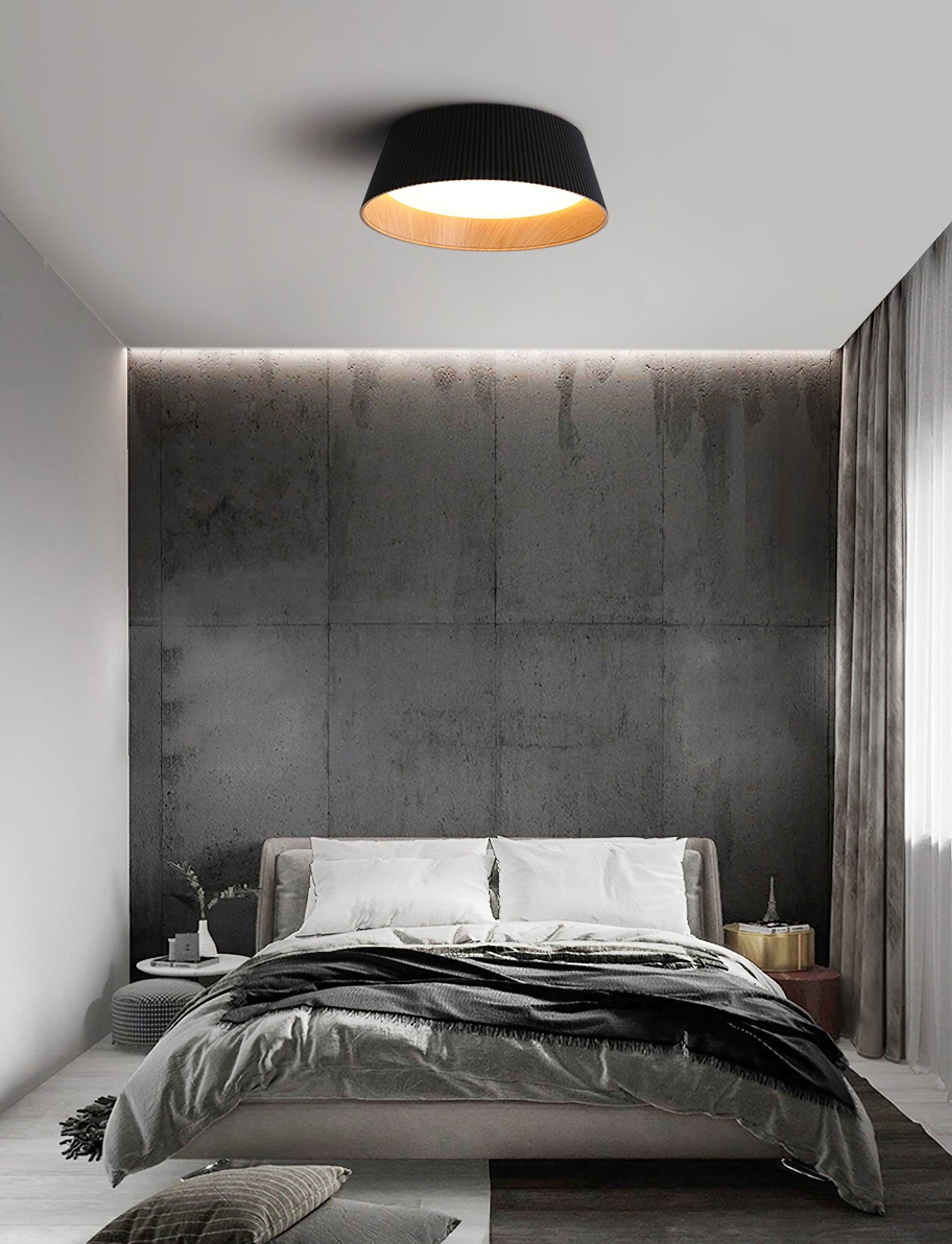 Modern Ribbed LED Flush Mount Ceiling Light with Real Wood Interior Finish