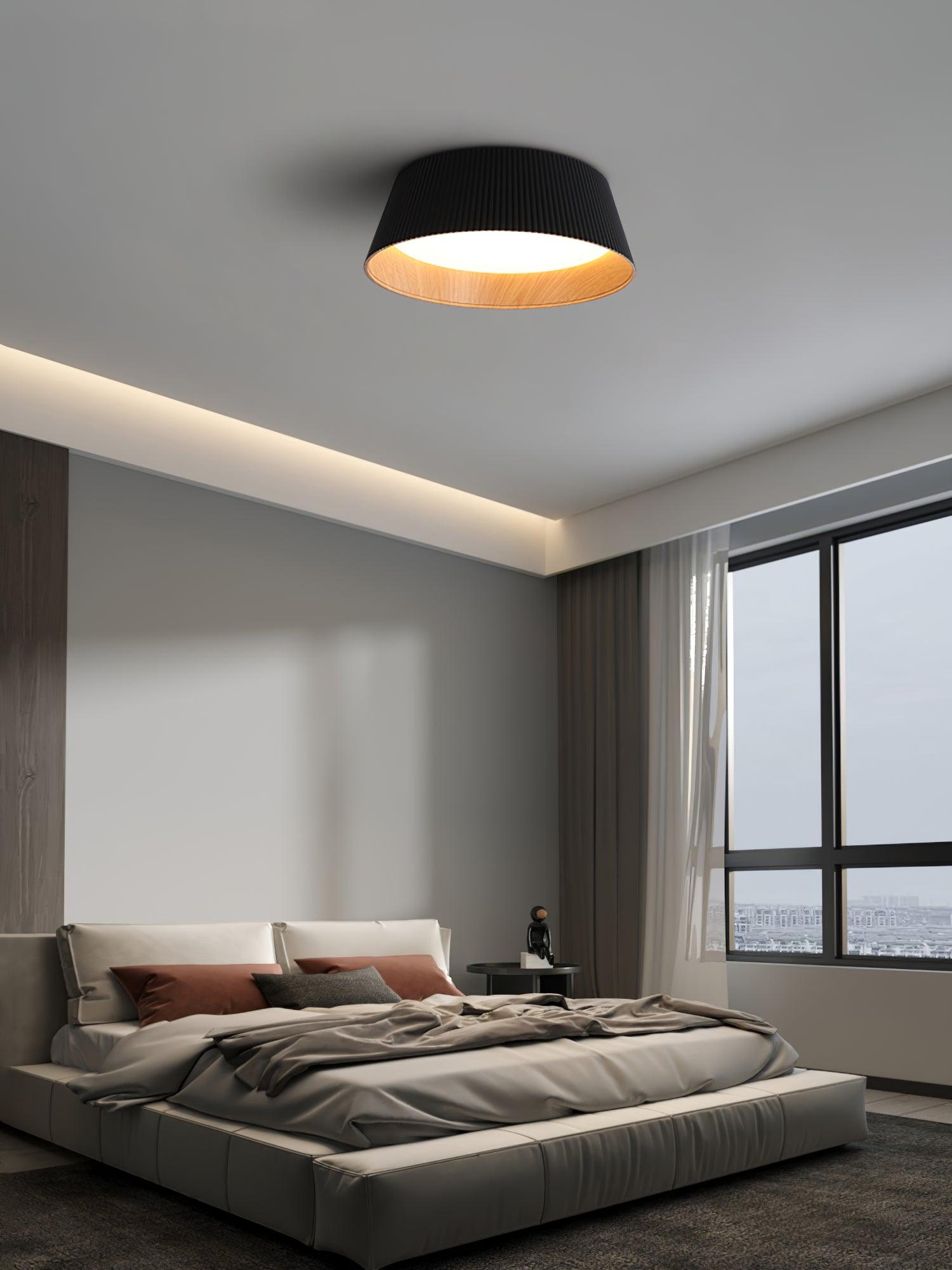 Modern Ribbed LED Flush Mount Ceiling Light with Real Wood Interior Finish