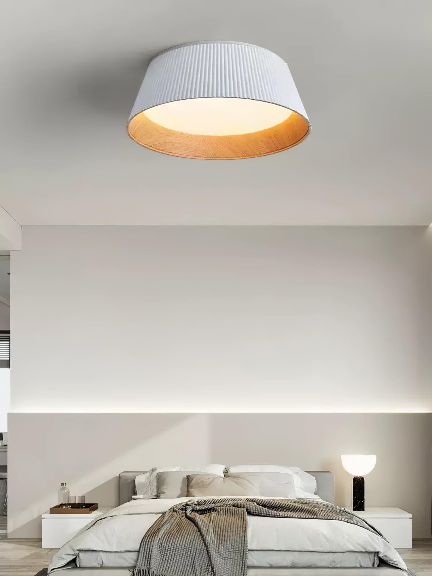 Modern Ribbed LED Flush Mount Ceiling Light with Real Wood Interior Finish