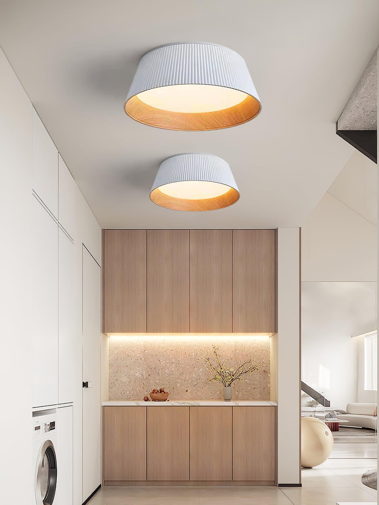 Modern Ribbed LED Flush Mount Ceiling Light with Real Wood Interior Finish