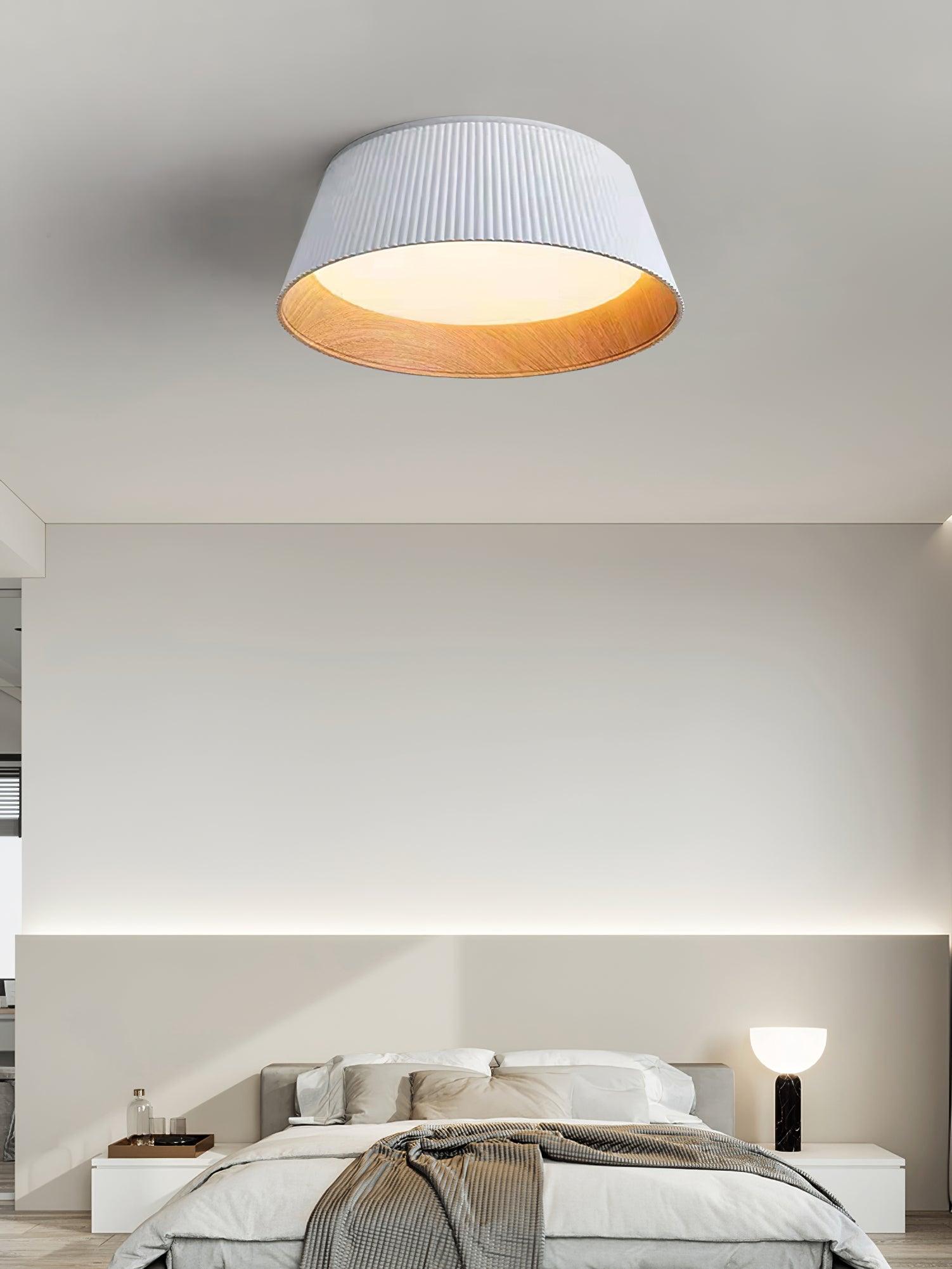 Modern Ribbed LED Flush Mount Ceiling Light with Real Wood Interior Finish